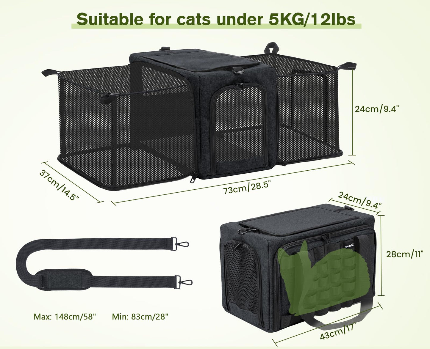 Pecute Cat Carrier Expandable, Airline Approved Collapsible Cat Soft-Sided Carriers, Breathable Pet Carriers up to 5kg/12lbs, Portable Dog Carrier Great for Travel, Outdoor, Hiking, Camping(Dark Gray)