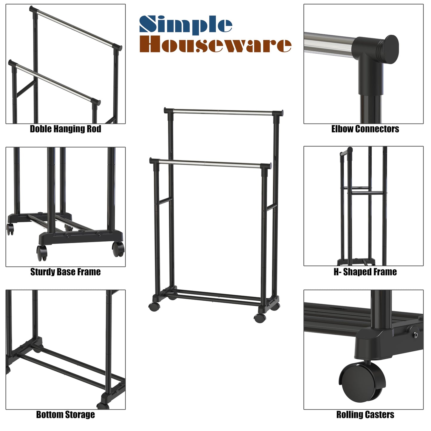 Simple Houseware Double Rods Clothing Rack on Wheels, Metal Rolling Garment Rack for Hanging Clothes, Black