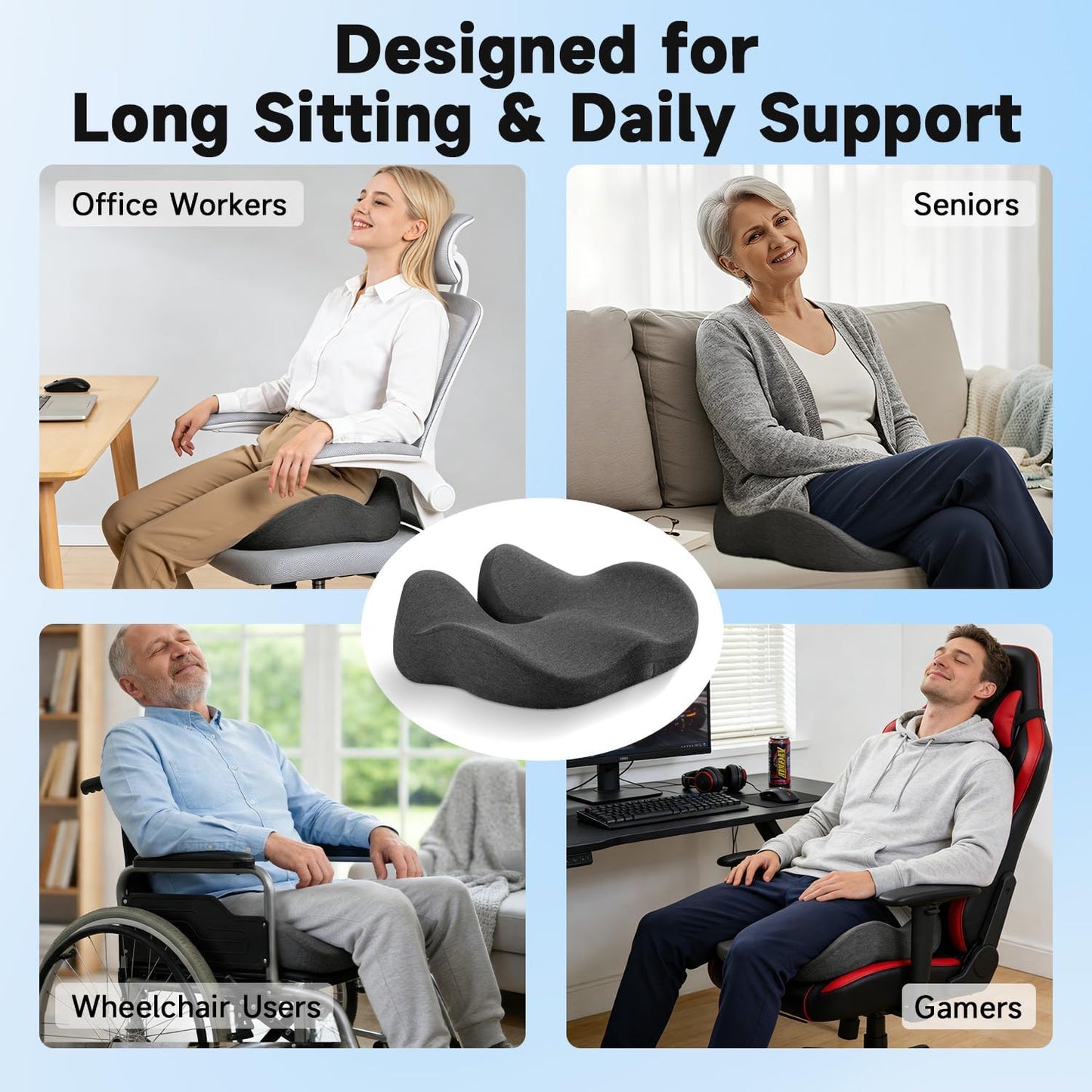 Ergonomic Seat Cushion for Office Chair, Memory Foam Seat Cushion with Stable Wraparound Support for Long Sitting, Office Chair Cushion for Home Office & Desk Chairs, Dark Grey