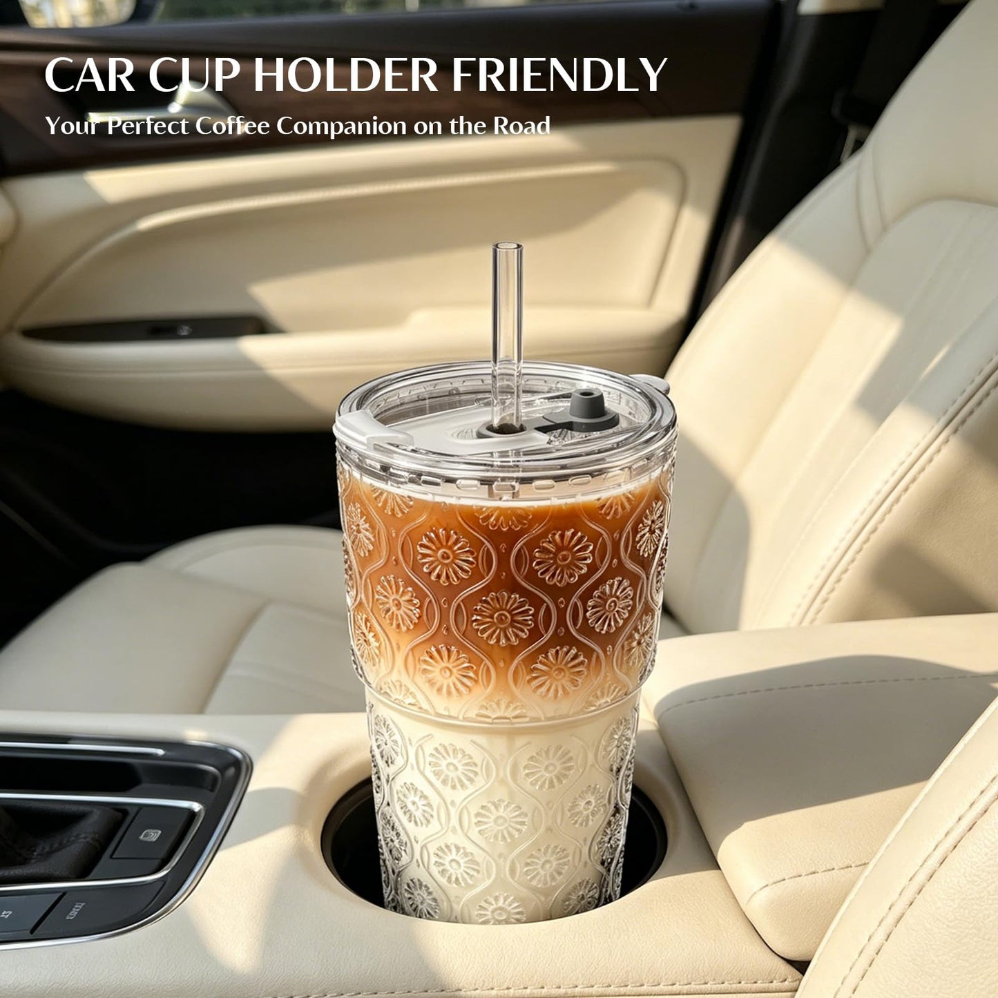 INSETLAN 20oz Begonia Flower Glass Tumbler Set of 4 – Thickened Glass Cups with Lids and Glass Straws for Iced Coffee, Smoothies, Milk, Water, and More – Elegant& Durable Drinkware