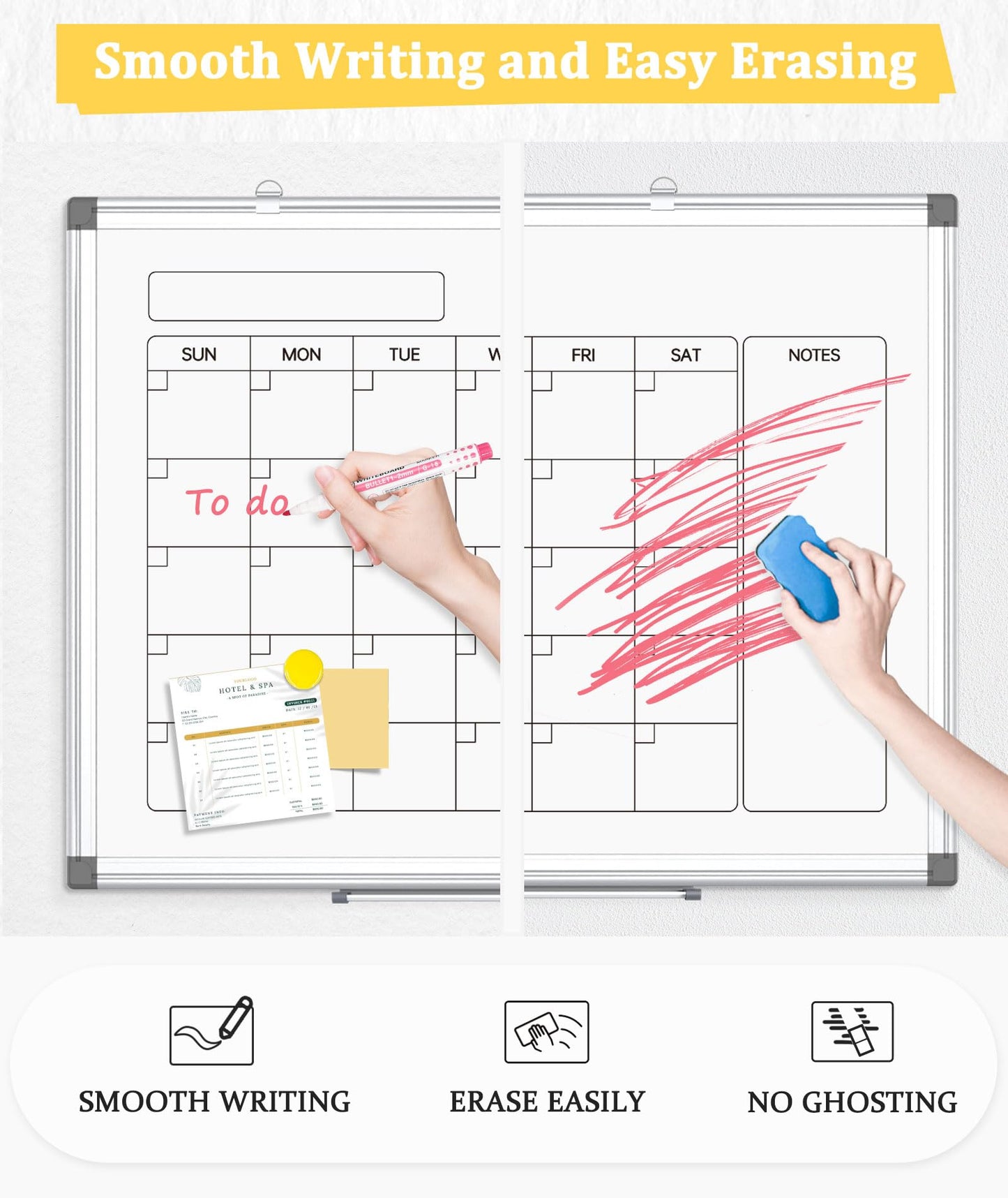 AMUSIGHT Double-Sided Whiteboard Calendar, 36" x 24" Dry Erase Calendar for Wall, Aluminum Frame White Board Planner Monthly Marker Board for Kitchen, Memo, School, Home, Office