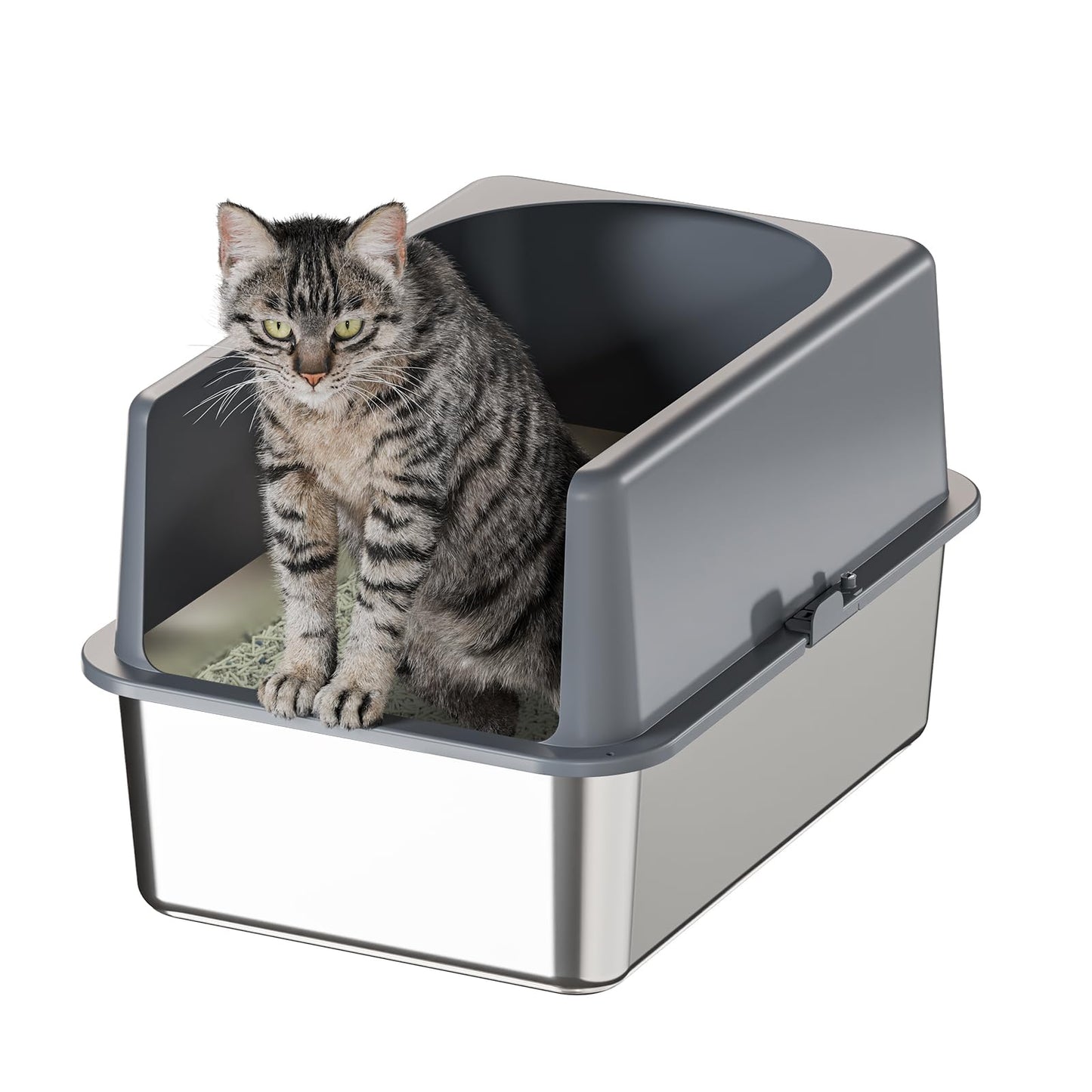 Bsadne High-Sided Stainless Steel Cat Litter Box,Stainless Steel Litter Box with Lid,Medium Litter Box,Easy-to-Clean Metal Litter Pan for Cats (20''L X 14''W X 12''H with Enclosure)