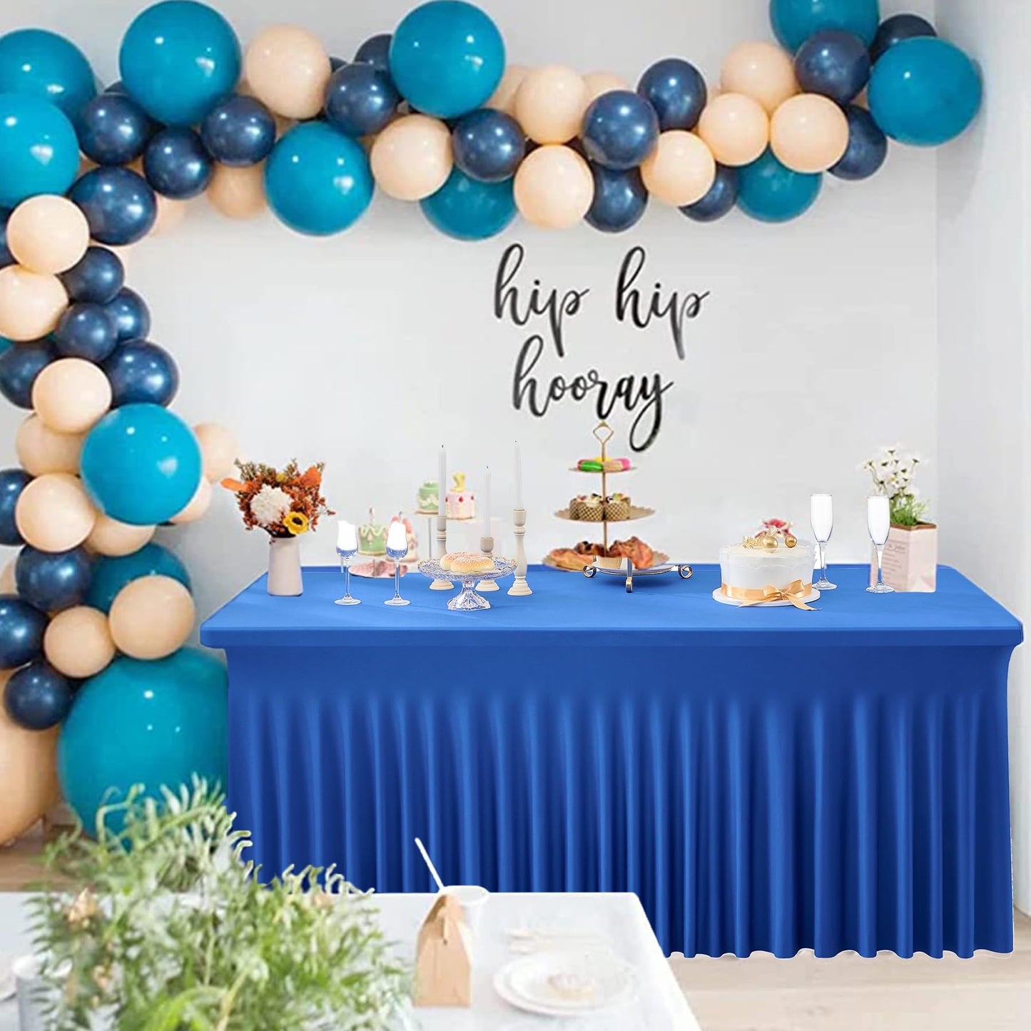 Htper 2 Pack Royal Blue Spandex Table Clothes for 6 Foot Rectangle Tables, Wrinkle Free Fitted Table Cover 6ft Stretchy Tablecloths with Skirt for Parties Weddings Birthday Banquet Baby Shower