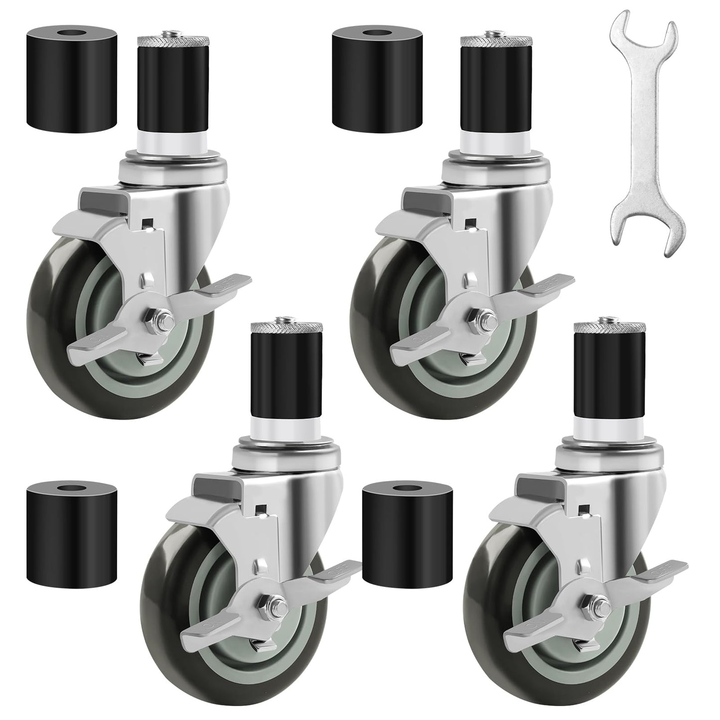 Besitu 4 Inches Prep Table Wheels Set of 4, 1-1/2" Expanding Stem Caster with Side Brake for Stainless Steel Table, Cart, Furniture Legs, Commercial Kitchen Appliances, Workbench