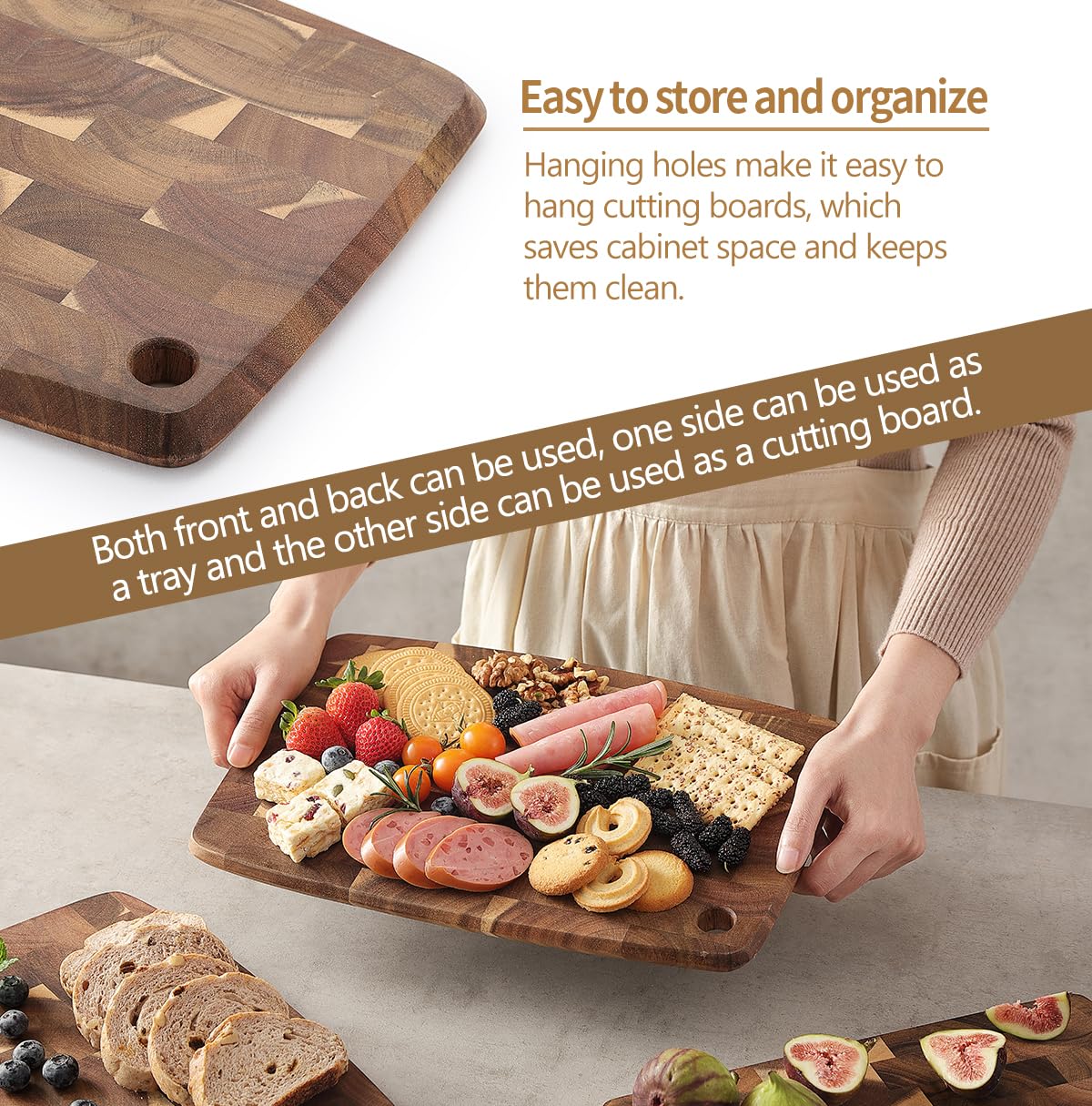 XINZUO Small Acacia Wood Dark Kitchen Cutting Board for Meat, Vegetables and Cheese, Double-Sided, with Hanging Hole,14.1 x 9.4 inch Kitchen Chopping Serving Board for Countertop
