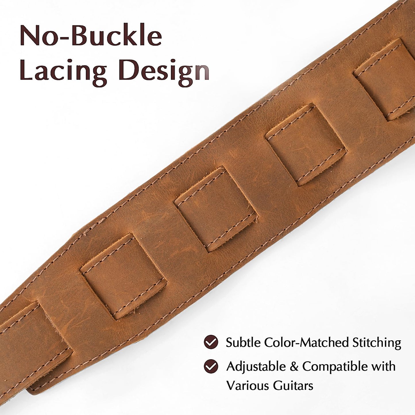 MCKDERWRILL Leather Guitar Strap, Adjustable 45" to 52", Reinforced Keyhole & Slots, 2.4 Inches Width Leather Guitar Strap for Bass, Electric guitar and Acoustic Guitar (Brown)