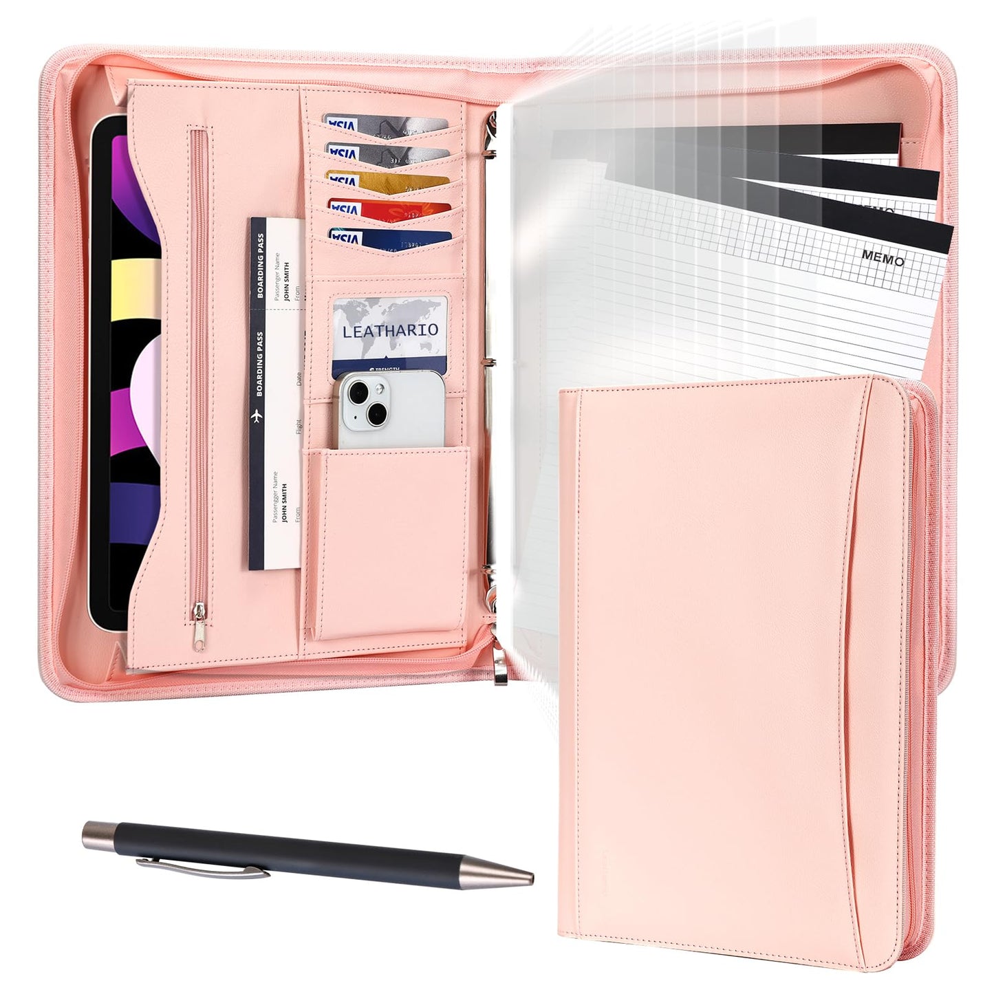Leathario Portfolio, Vegan Leather 3-Ring Binder with Zipper, A4 Padfolio, Includes 10 Sheet Protectors and 3 Notepads, Multi-Pocket Document Holder for Tablets, Files, Notepads, Office Supplies