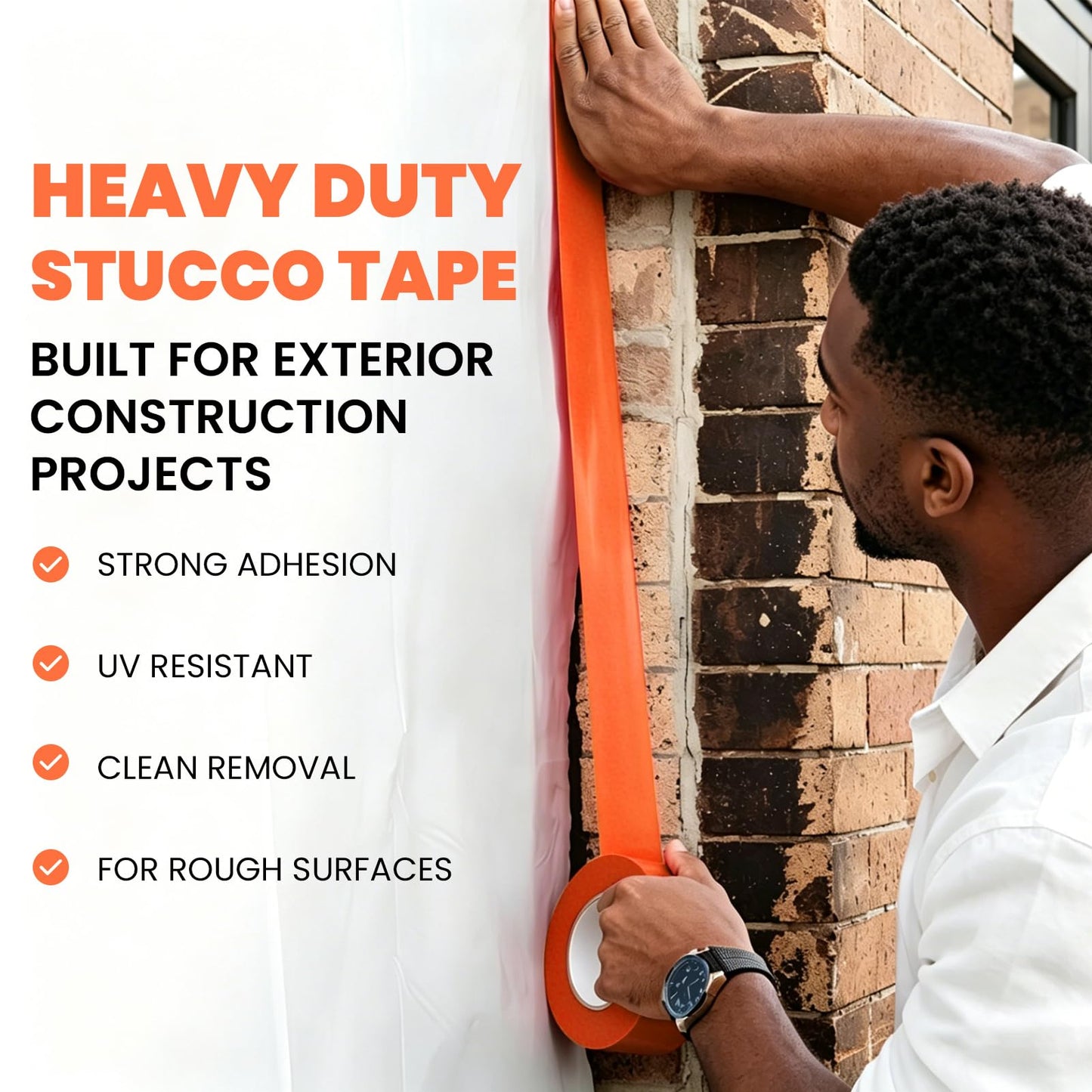 ADHES Stucco Tape, 2 Inch x 60 Yards, 7-Day UV Resistant Outdoor Masking Tape for Construction, Masonry & Exterior Painting, Orange Professional Painter Tape, Clean Removal, 6 Rolls