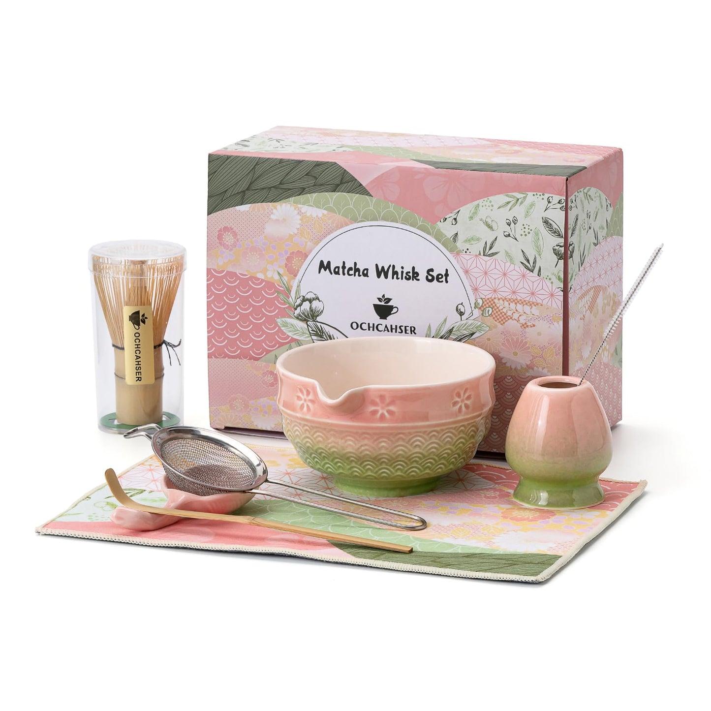 Matcha Tea Set, 8 Pcs Japanese Matcha Kit with Cherry Blossom and Wave Design Ceramic Bowl, Bamboo Whisk, Whisk Holder, Scoop, Sifter, Brush, Matcha Whisk Set for Matcha Lovers (Pink-Green)