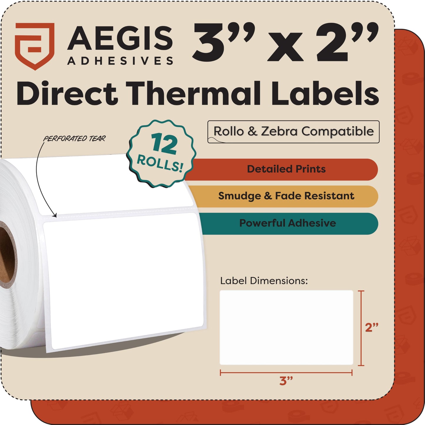 Aegis Adhesives - 3" X 2" Direct Thermal Labels (12 Rolls, 700 Labels/Roll) for Shipping and Postage - Perforated, Compatible with Rollo, Zebra, and Other Desktop Label Printers