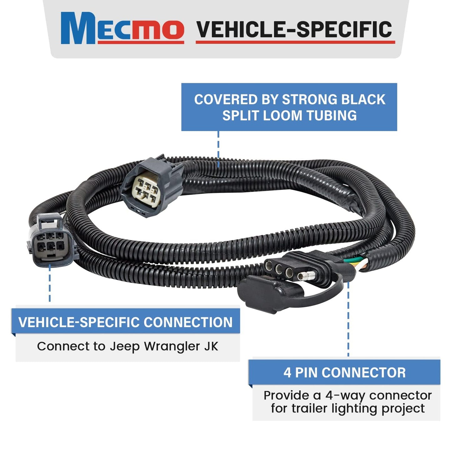 MECMO 4-Pin Trailer Wiring Harness for Jeep Wrangler JK JKU 2007-2018, Tow Hitch Wiring for Rubicon Sahara Sport Unlimited 2-Door 4-Door Trailer Light Connect Custom 4 Way Plug and Play T-Connector