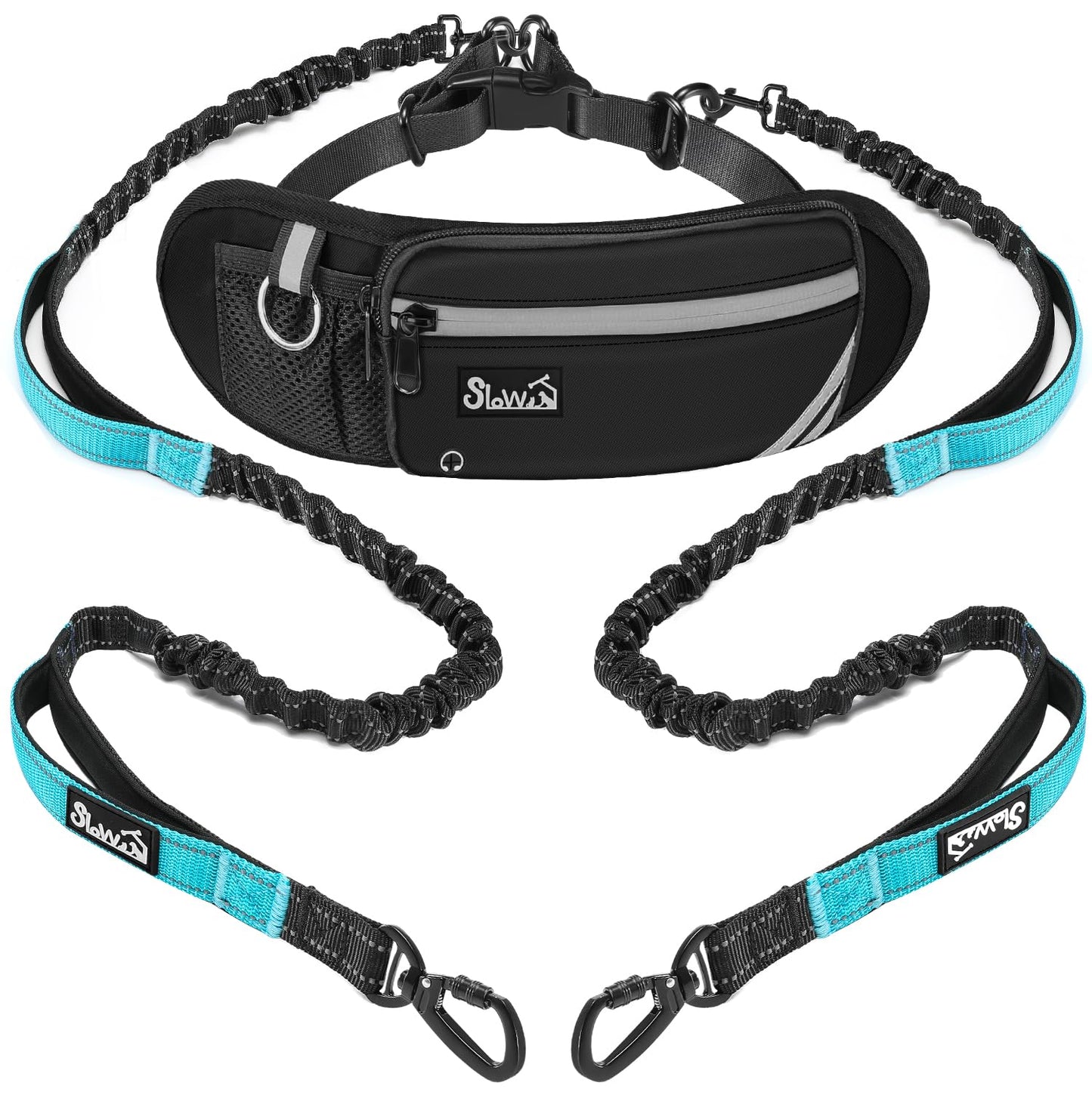AUTOWT Hands Free Dog Leash for 2 Dogs, Dual Padded Handles and Durable Elastic Bungees with Zipper Pouch, Double Dog Leash with Adjustable Waist Belt for Walking, Jogging and Running(Light Blue, XL)