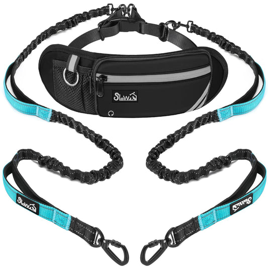 AUTOWT Hands Free Dog Leash for 2 Dogs, Dual Padded Handles and Durable Elastic Bungees with Zipper Pouch, Double Dog Leash with Adjustable Waist Belt for Walking, Jogging and Running(Light Blue, XL)