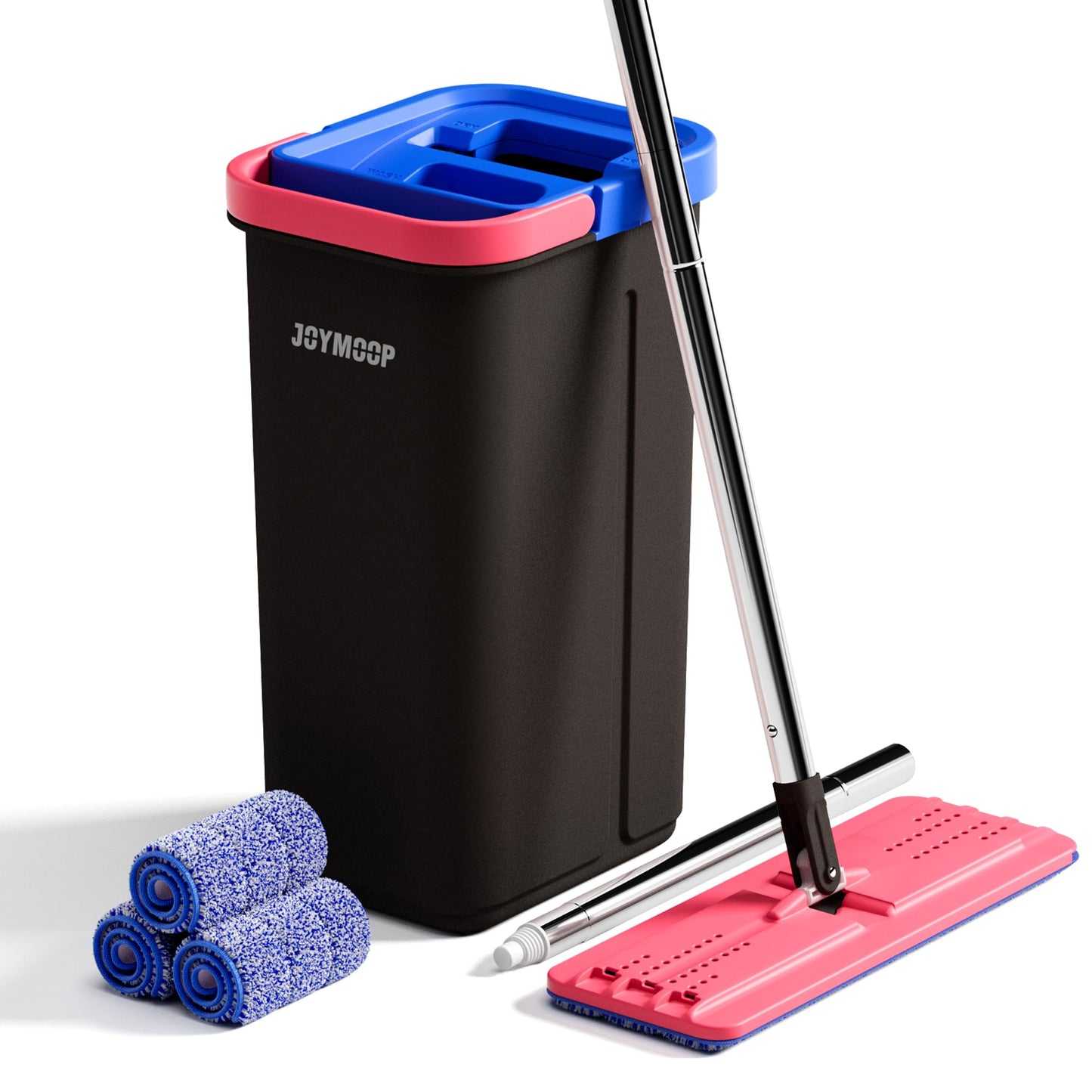 JOYMOOP Mop and Bucket Set for Home, Hands-Free Self-Cleaning System, with 3 Reusable Microfiber Mop Pads, Suitable for Floor Cleaning and Wall Cleaner - Black+Red+Slate Blue