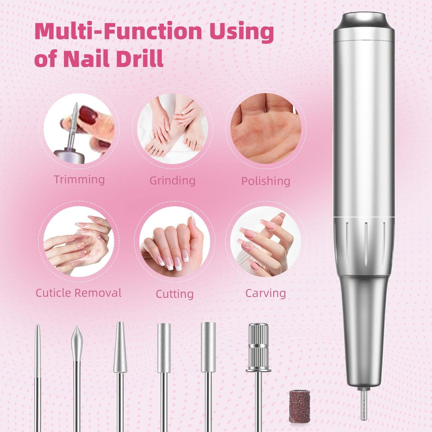 XKNEORW Professional Electric Nail Drill 50000 RPM High Speed with Smart Adjustment, Nail Salon & Home Use Kit, 6 Grinding Heads & Extended Runtime
