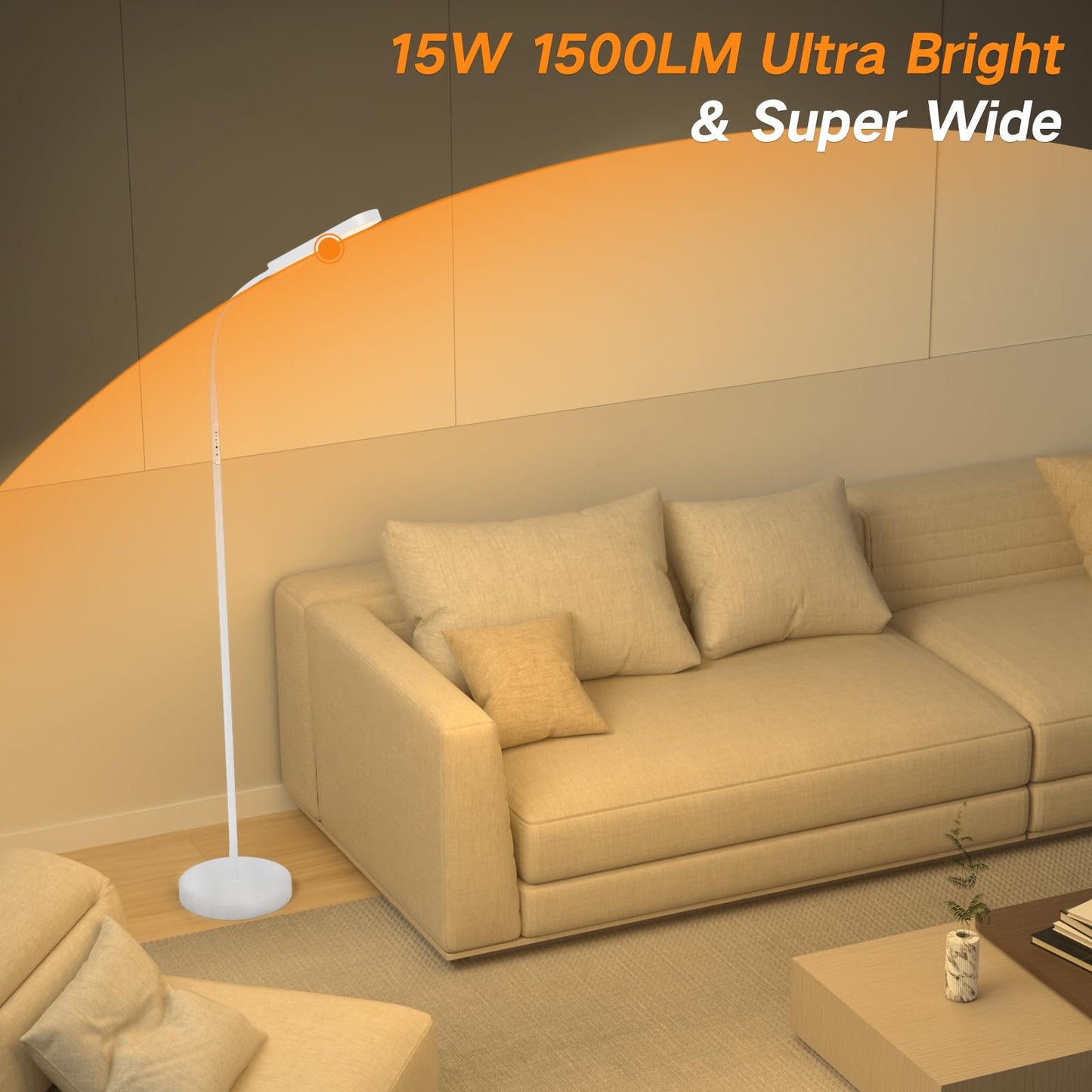 OUTON LED Floor Lamp 15W 1500LM, Dimmable Modern Standing Lamp with 4 Color Temperature, Remote & Touch Control, 1 Hour Timer, Adjustable Gooseneck for Reading Living Room Bedroom Office, White