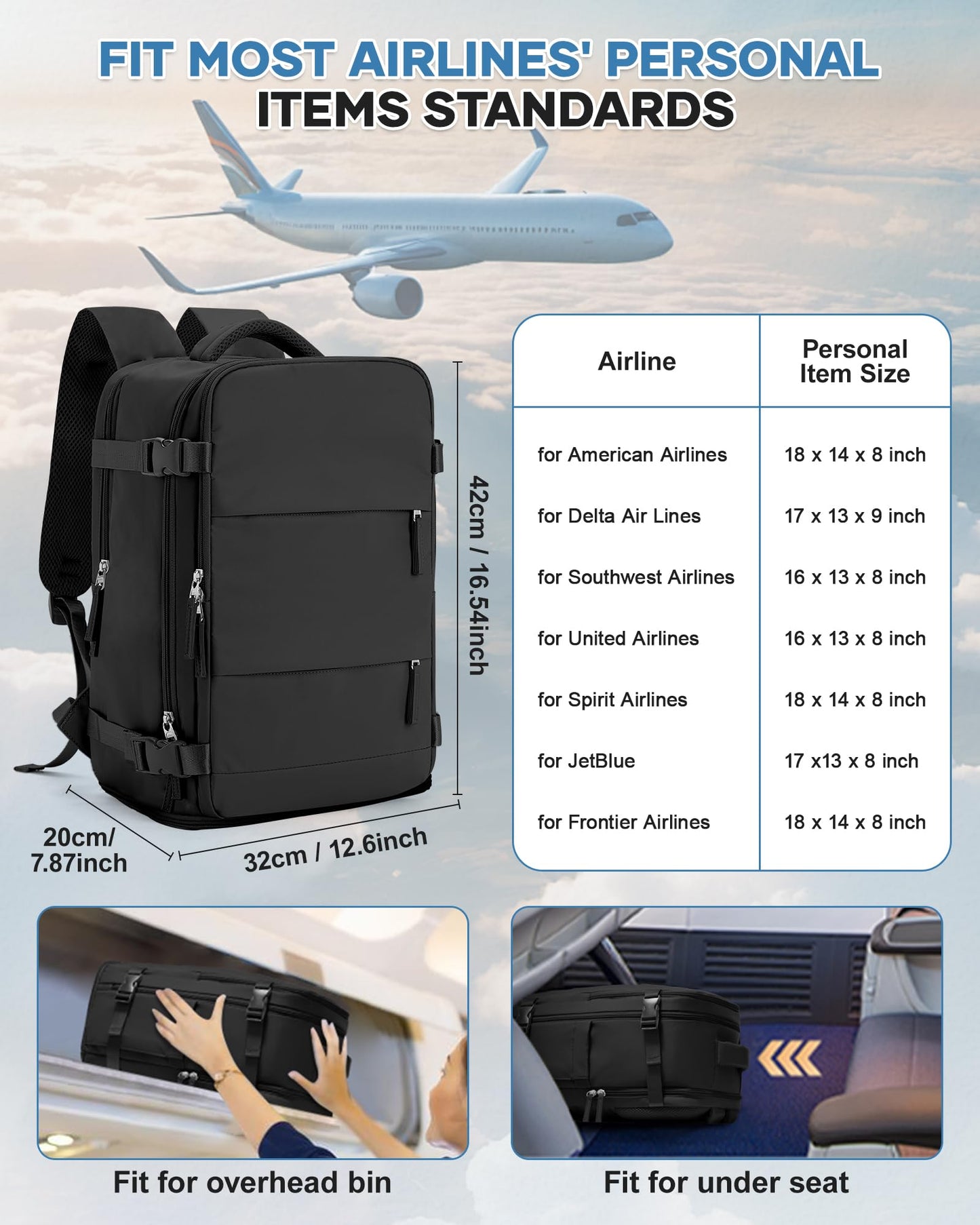 SEAFEW Travel Backpack for Women, Carry on Luggage Backpack Flight Approved Travel Backpack, Waterproof Outdoor Hiking Rucksack Casual Daypack 14 Inch Business Laptop Backapck Men,A2-Black