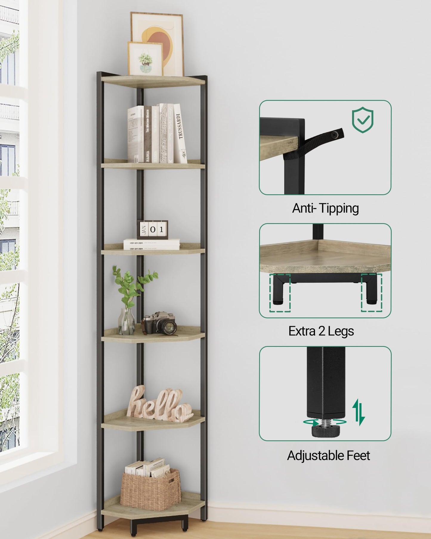 Hzuaneri Corner Shelf Stand, Corner Bookshelf, Storage Standing Shelf Unit with Metal Frame, Plant Stand, Corner Bookcase for Living Room, Home Office, Bedroom, 6-Tier Greige CS06005B