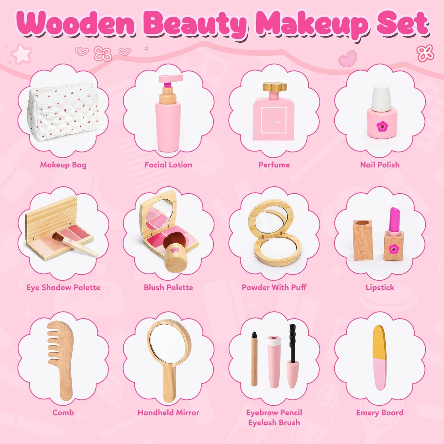 WELIN Wooden Makeup Toy Set, 17-Pieces Toddler Pretend Play Makeup Bag, Role-Playing Toys for Girls Ages 3-8, Perfect Christmas Birthday Gifts for Girls
