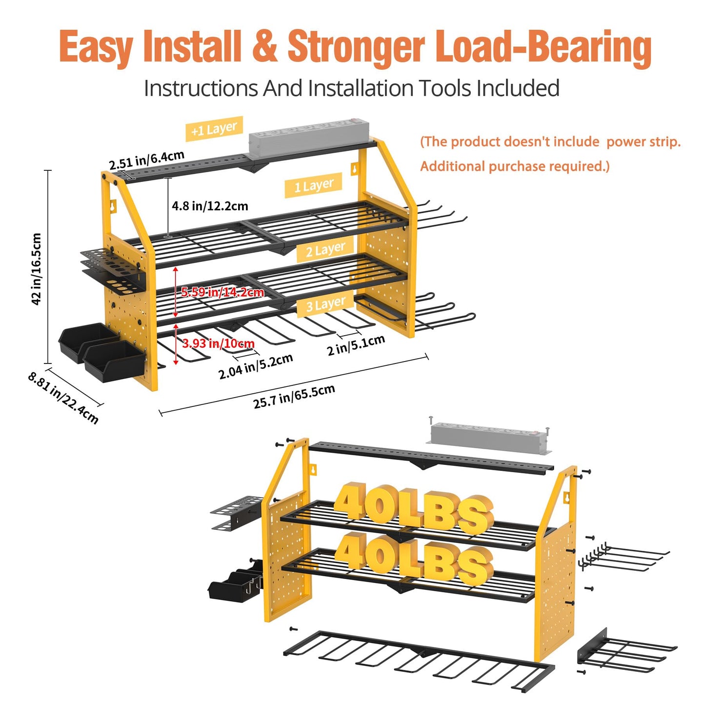 Electric Tool Storage Rack, Wall-Mounted Heavy-Duty Metal Tool Storage Shelf, Practical Tool Rack with 8 Drill Bit Holders, Garage Organization Storage Rack, Men's Gift (Power Outlet Not Included)