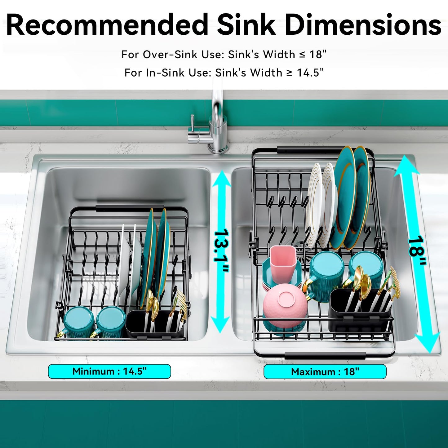 Urackify Expandable Dish Drying Rack Over The Sink, Adjustable Dish Rack in Sink, Rustproof Dish Drainer for Kitchen Counter, Dish Strainer with Utensil Holder, 13.07" ~ 21.2" X 11.2" X 3.2", Black