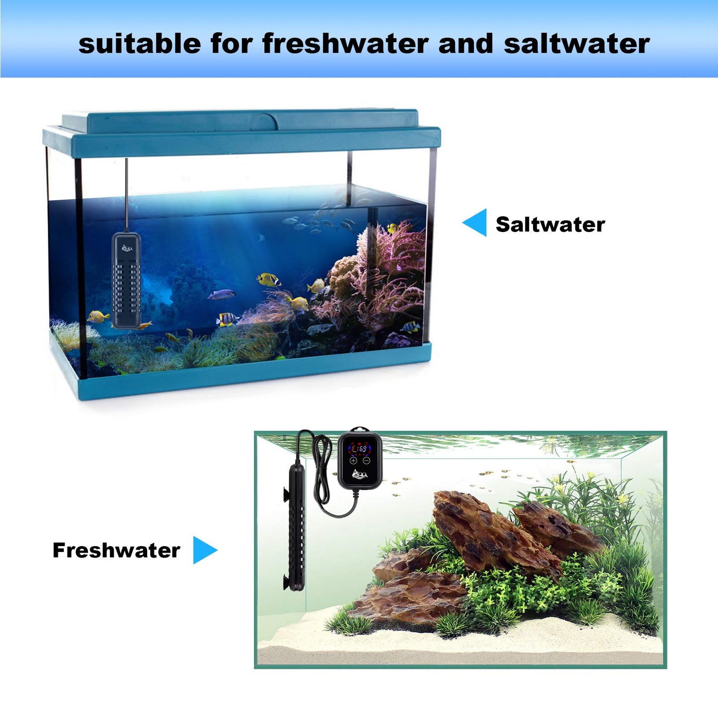 AQQA Submersible Aquarium Heater,100W/200W/300W/500W/800W/1200W Fish Tank Heater,External Temperature Controller LED Temperature Display with 2 Suction Cups Suitable for Marine Saltwater Freshwater