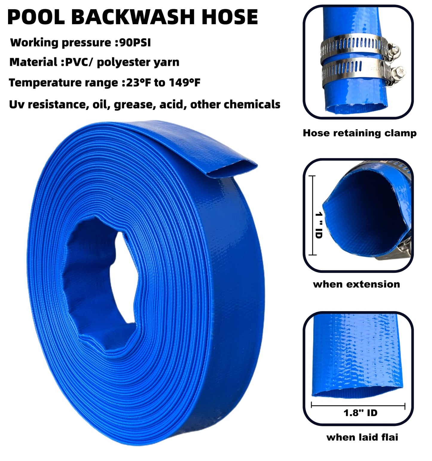 1 IN x 100 FT Heavy Duty Flat Discharge Backwash Hose - Weather & Burst Resistant, Best for Inground Pools