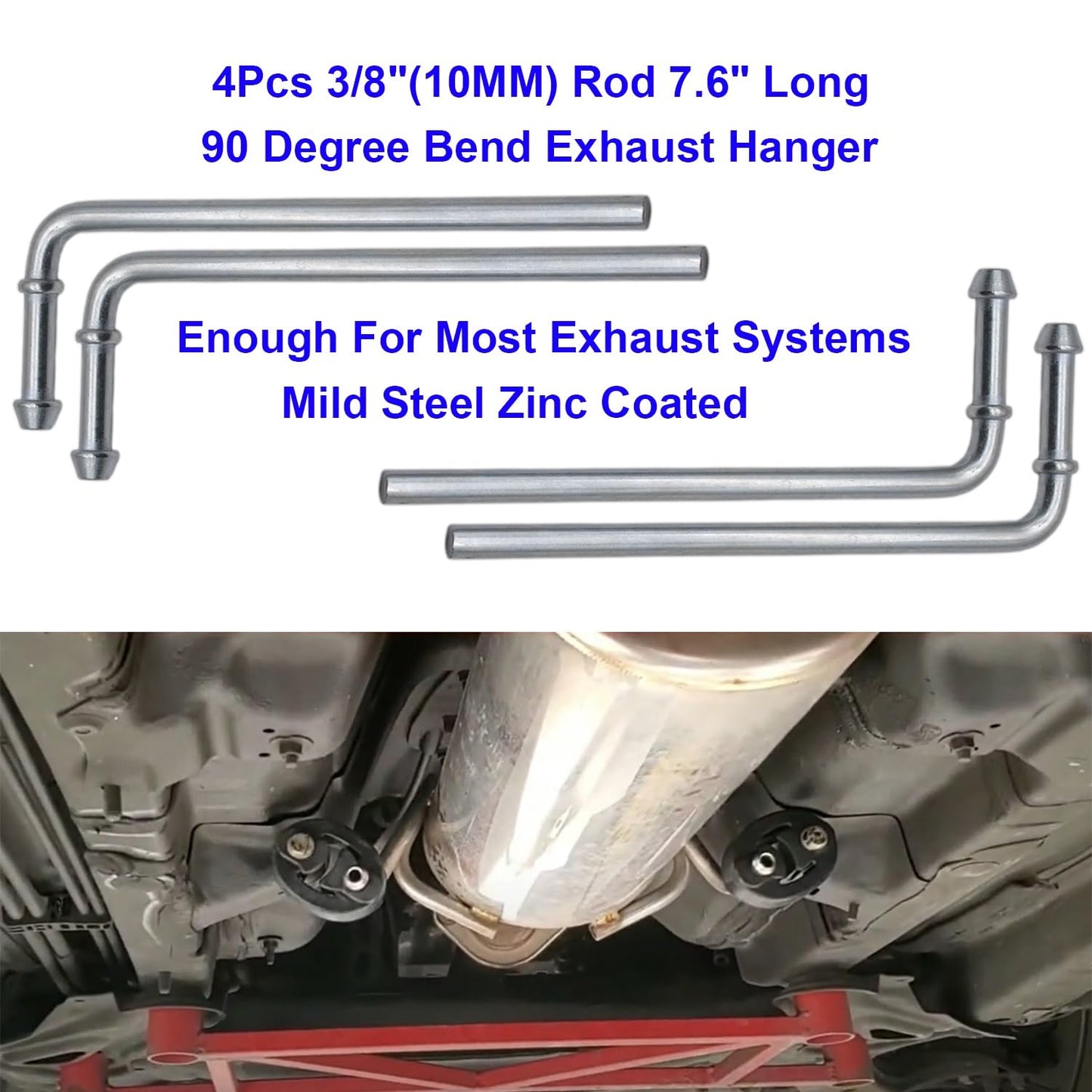 Ganluuree 16PCS Rubber Exhaust Hanger Rod Set Heavy Duty 3/8"(10MM) Rod 90°7.6" Long + Straight 10" Long Muffler Hanger Mild Steel Zinc Coated 2 Hole 4 Hole Insulator Mount Car Automotive Replacement