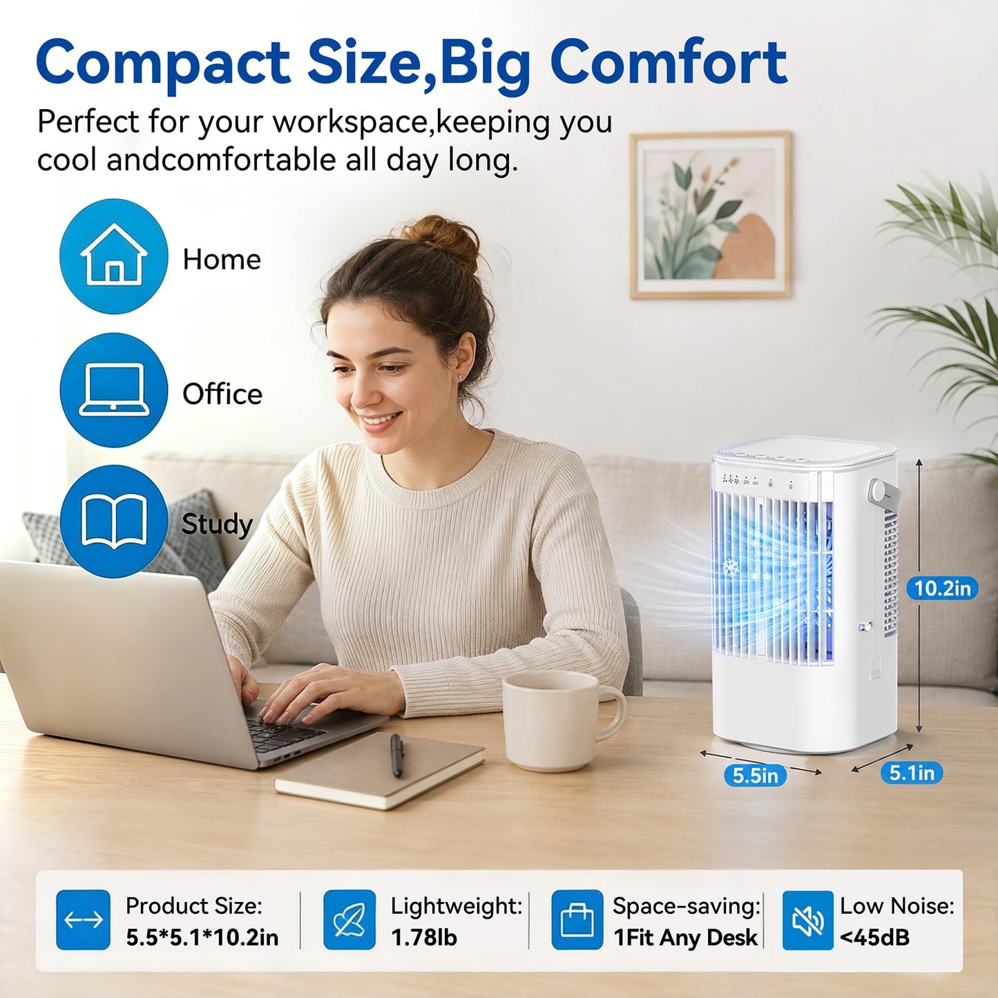 Portable Air Conditioner, 4-in-1 Mini Small Air Conditioner Evaporative Air Cooler Fan with 1000ml Water Tank, 3 Speeds & 7 LED Lights, Personal Mini AC with Timer for Home, Bedroom, Desktop, Office