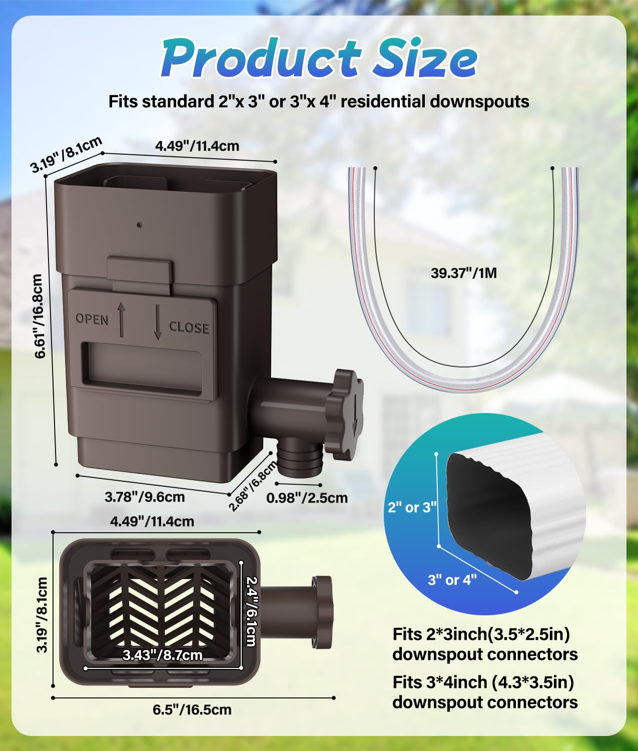 2026 Upgraded Rain Barrel Diverter Kit, Rainwater Collection System for 2''x3'' & 3''x4'' Downspout, Gutter Diverter for Rain Barrel with Enhanced Water Capacity, Filter, Adjustable Valve, Brown