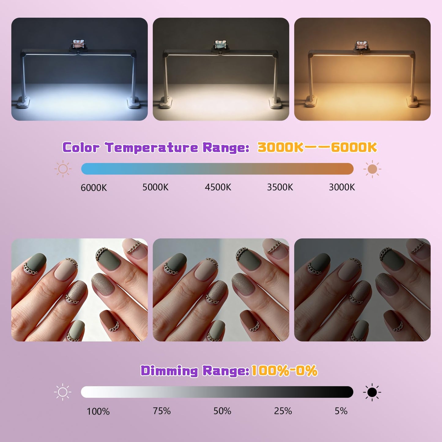 34" Foldable Nail Tech Lamp with Phone Holder, 456 LEDs Bright Nail Light for Desk, Stepless Dimming & 3 Color Modes (3000K-6000K) for Professional Manicure, Lash, Tattoo Studio, Eyebrows, Beauty