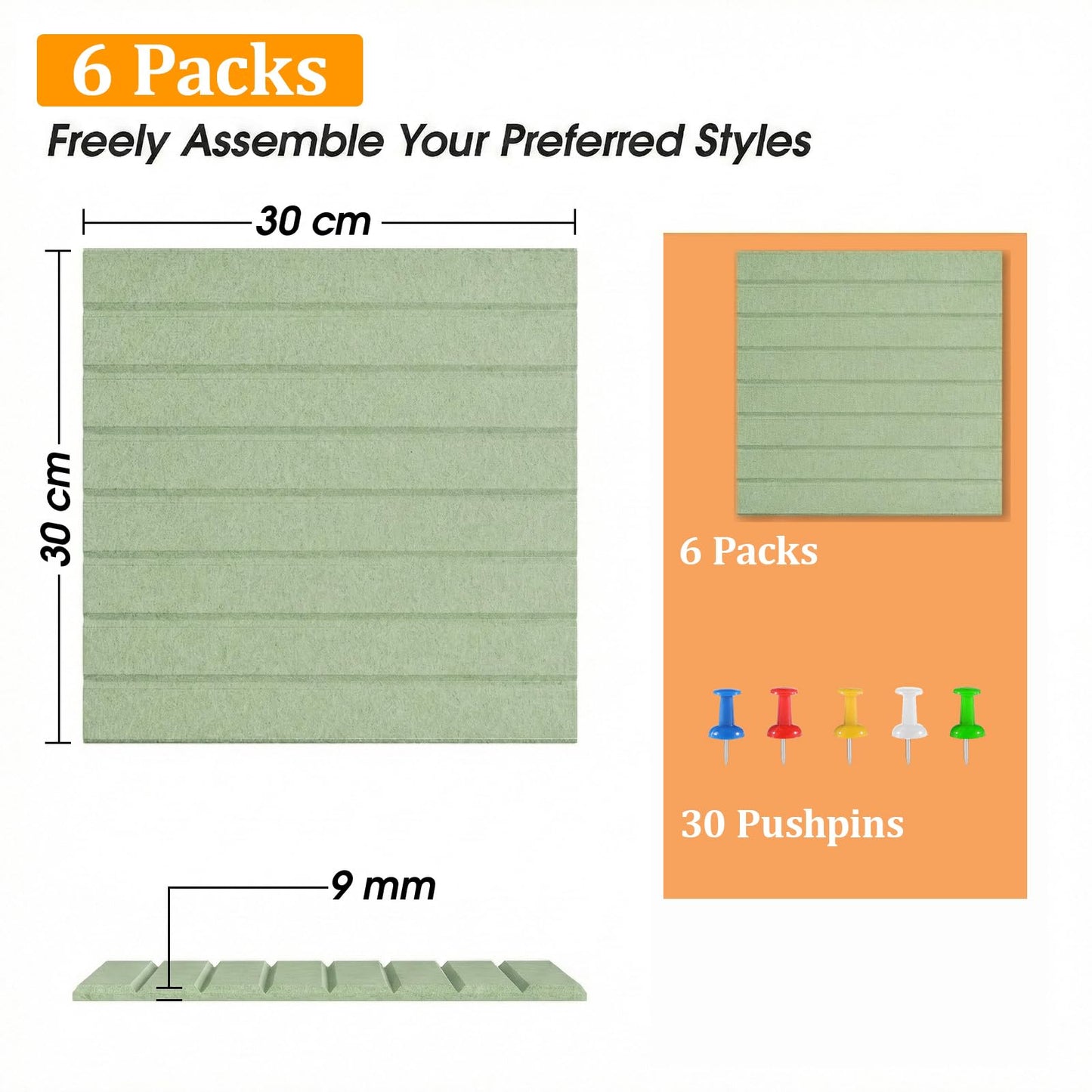Large Felt Bulletin Board 90 x 60cm Cork Board Alternative - 6 Pack Slat Wall Paneling with 30 Pushpins, Pin Boards for Home Office Classroom Notice Board