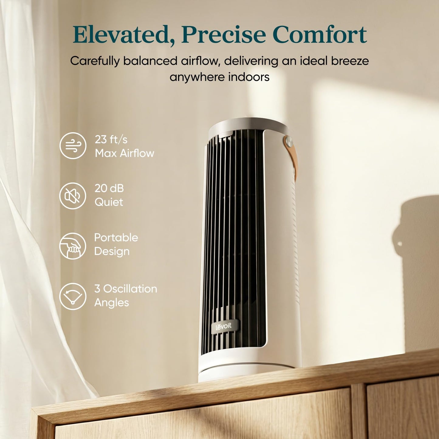 Levoit Mini Tower Fan for Bedroom, Quiet Cooling Desk Fan with Upgraded DC Motor, 20dB Ultra Silent, Portable Small Standing Fan with 5 Speeds, Multi‑Angle Oscillation, Remote & 12H Timer, Windi
