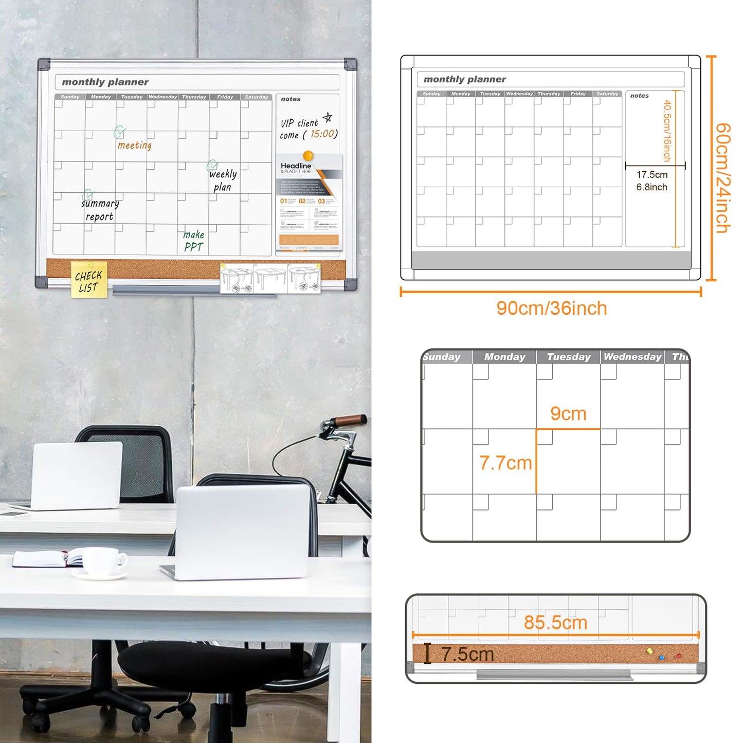 MAKELLO Monthly Dry Erase Calendar Whiteboard Cork Board Combo for Office, Classroom, Kitchen and Bedroom, 36x24 inch