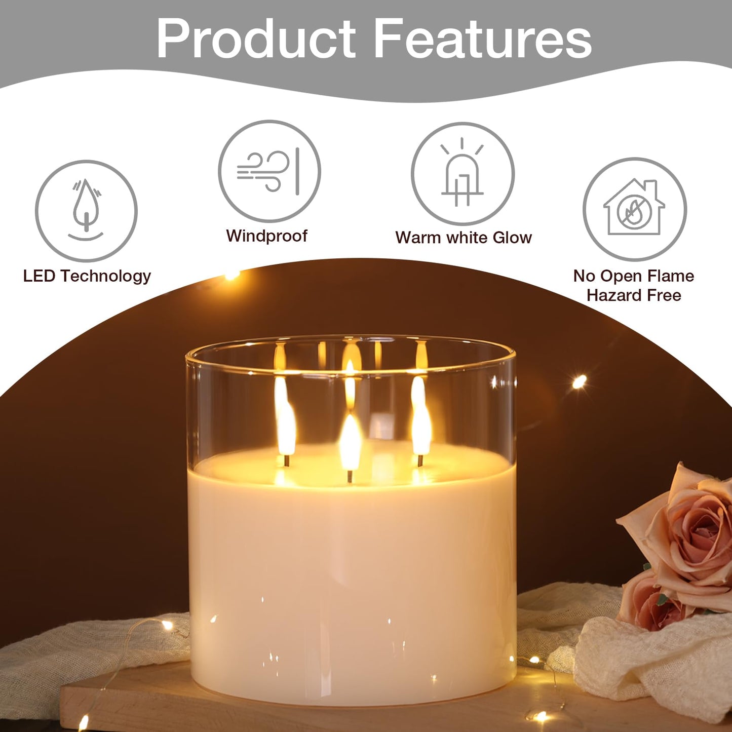 Eywamage 3 Wick Large Flameless Candles in Clear Glass, Flickering LED Battery Pillar Candle with Remote Φ 6" H 6"
