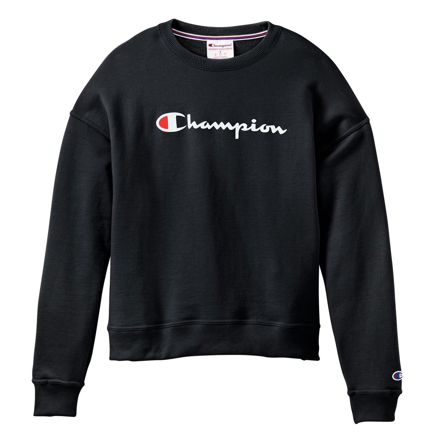 Champion Women's Sweatshirt, Powerblend, Crewneck for Women, Script (Plus, Black Script, Small