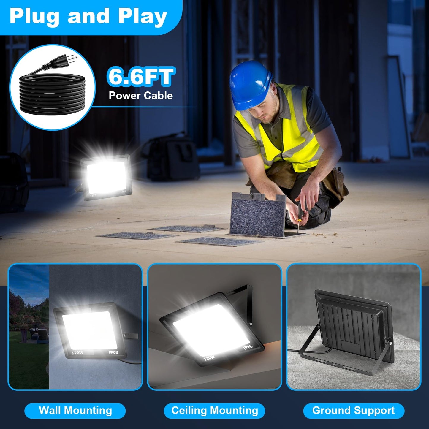 QENLAI - 120W LED Flood Light with Plug, 14400Lm Super Bright Security Lights with 6.5ft Cord, Daylight White IP66 Waterproof Outdoor, Work Spotlight for