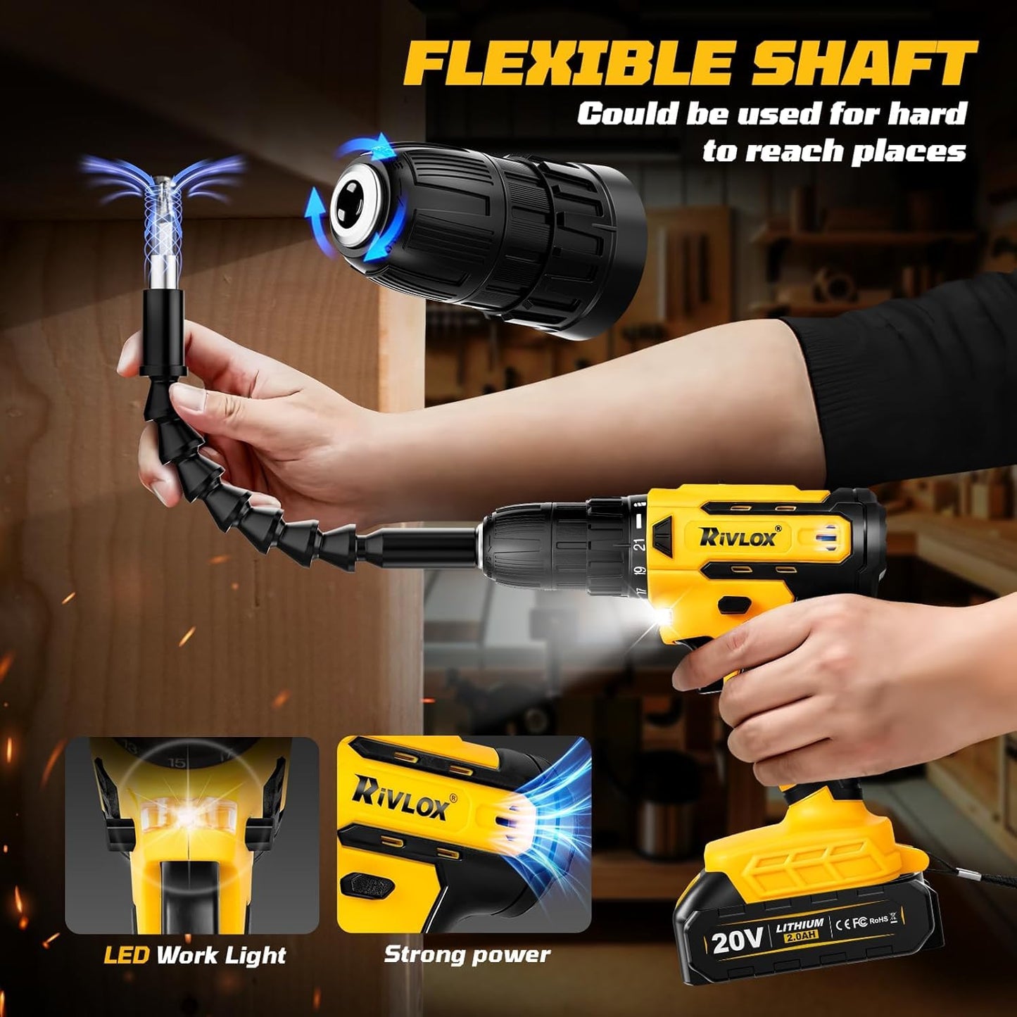 20V Cordless Drill Set, 21+1Torque, Electric Power Drill Cordless, Electric Screwdriver with 1300mAh Battery and 2A Charger, 23pcs Drill Bit Set with LED Light for DIY Projects, Yellow