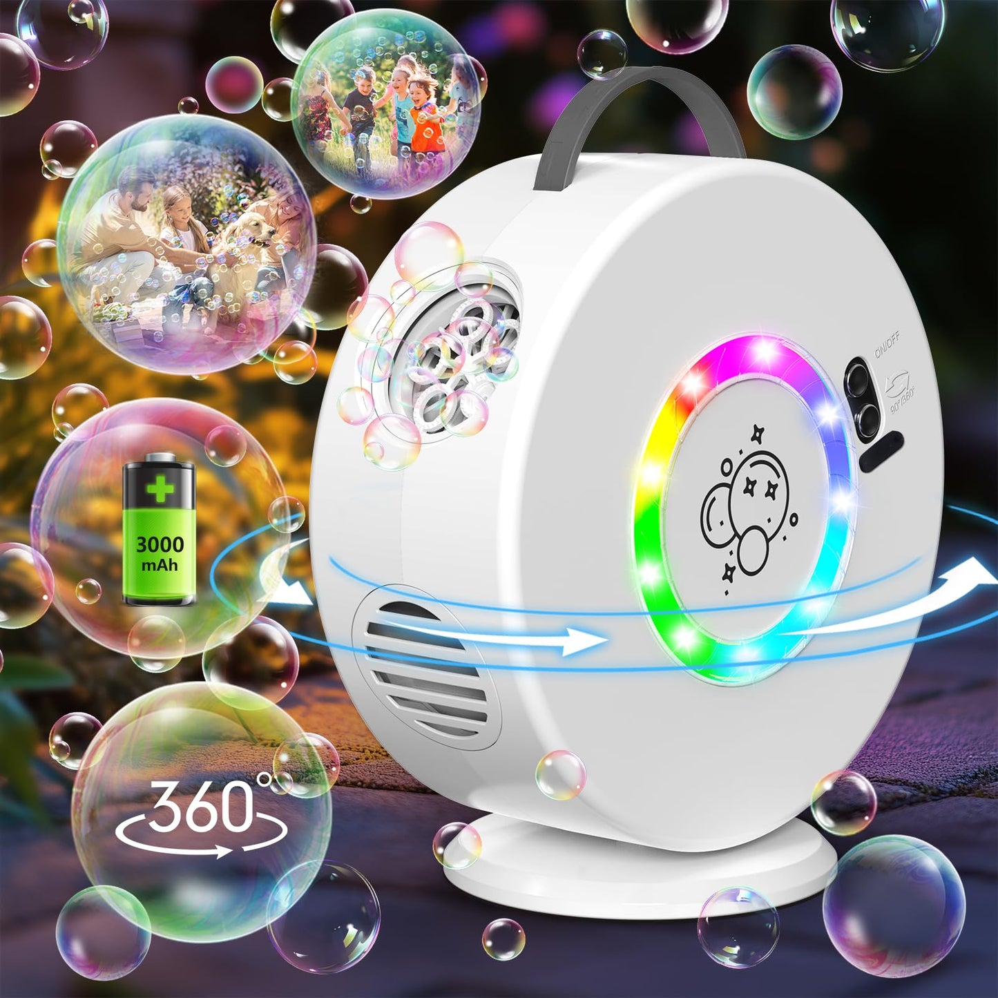 Bubble Machine for Kids Toddlers,Automatic Bubble Blower Rechargeable, 90° 360° Auto Rotatable Portable Bubble Maker Toy for 3 4 5 Year Old, Outdoor Wedding Party Birthday Gifts (White with Light)