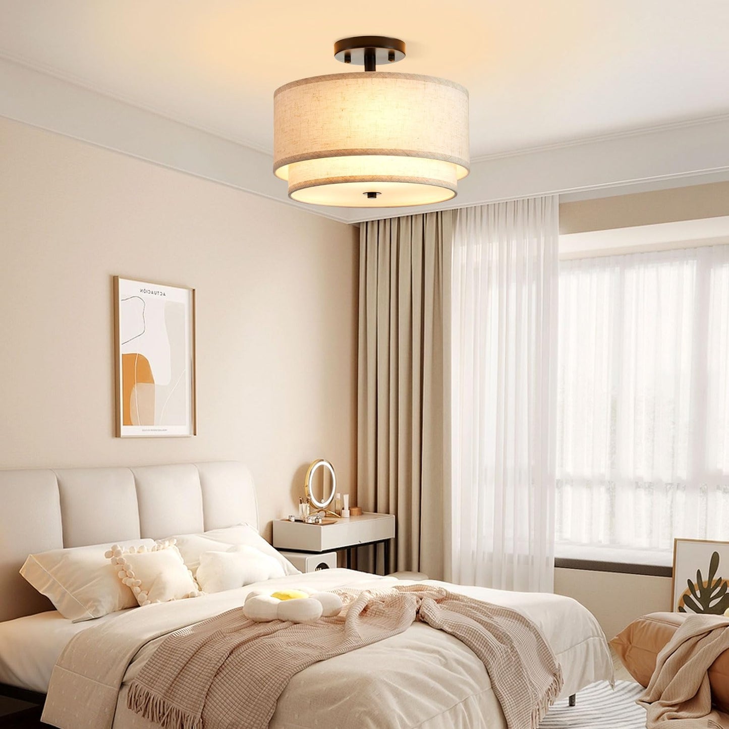 Ceiling Light,2-Layer Drum Shaped Light Fixture Ceiling,3 Light Semi Flush Mount Ceiling Light, 12.6“ Modern Fabric Ceiling Light Fixtures,Ideal Bedroom Light Fixtures Ceiling,Living Room,Kitchen