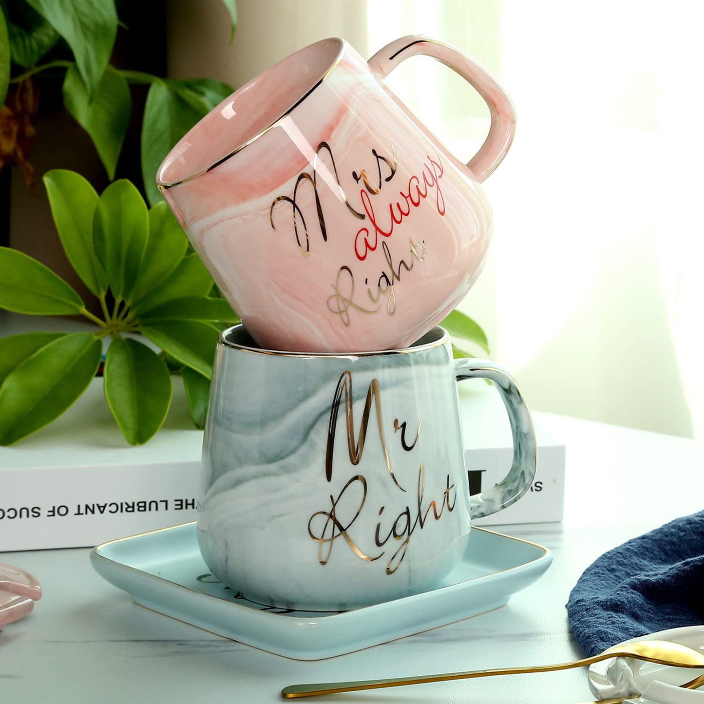 Mr and Mrs Couple Coffee Mugs - Best Wedding Gift Bridal Shower Engagement Gifts Set for Bride, Anniversary Birthday Valentine's Day Housewarming Gift Ideas, Unique 14 Oz Ceramic Marble Couple Gifts