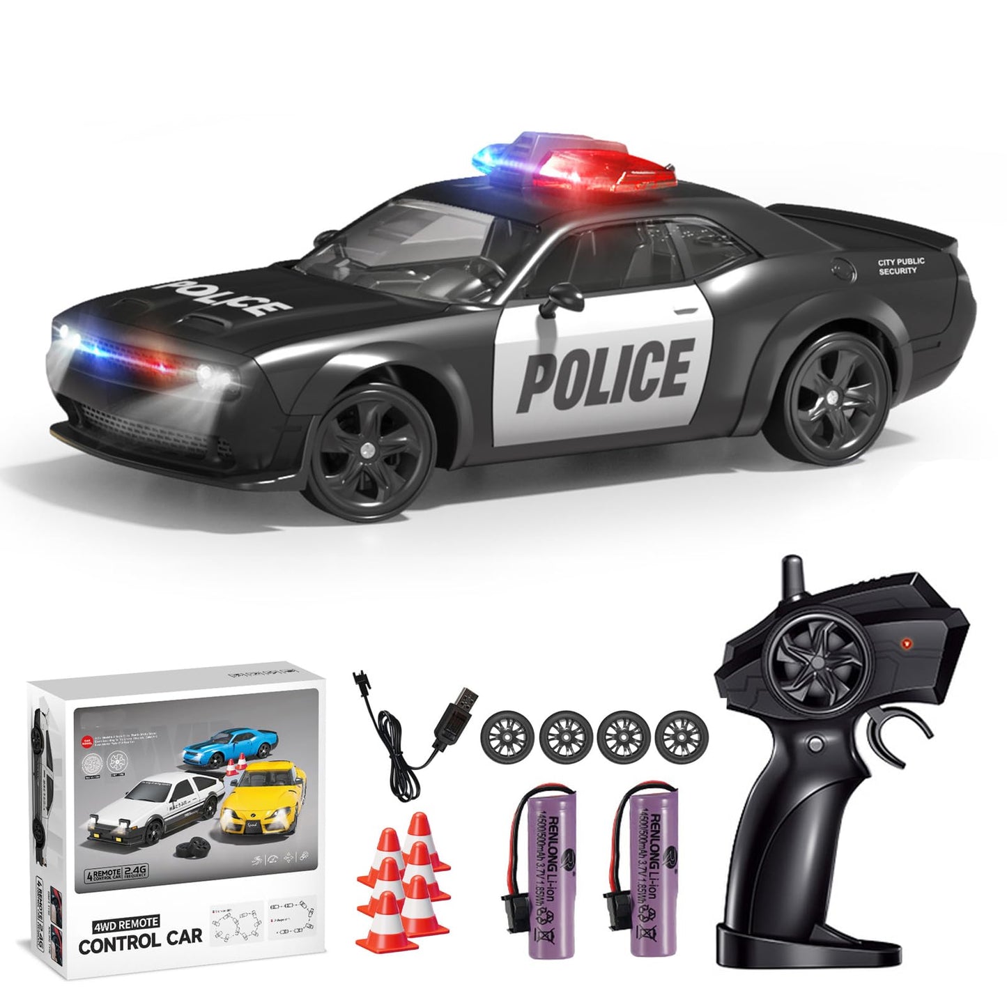 Hylukon RC Drift Car, 1:24 Scale Police Car Toy, 4WD RC Car Toy with Lights, Birthday Gift Ideas for Teens (2 Battery)