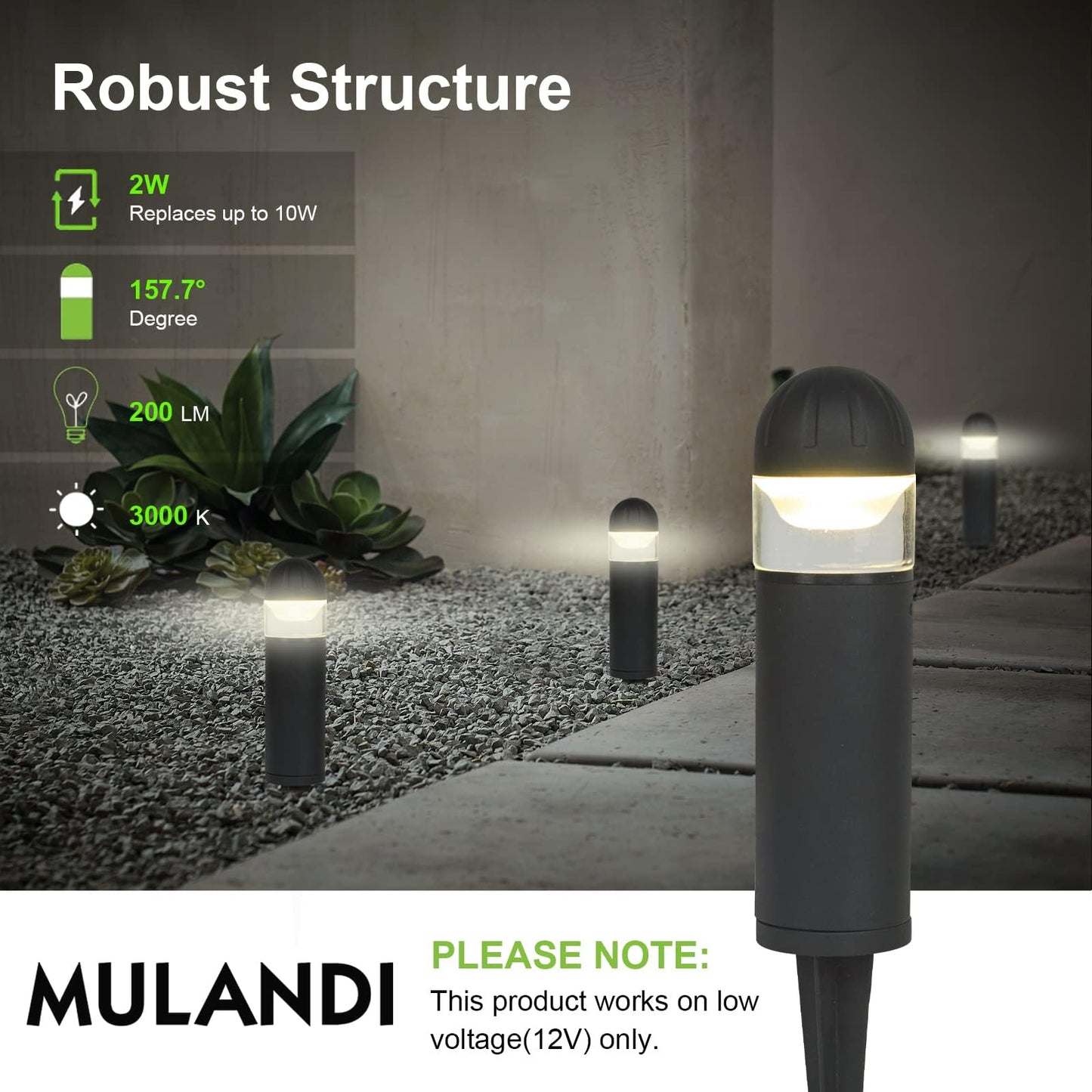 MULANDI LED Landscape Bollard Pathway Light, 2W, DC 12V Low Voltage Path Lighting Outdoor Waterproof, Die-Casted Aluminum Housing for Garden Light, 3000K Warm White Pack of 2