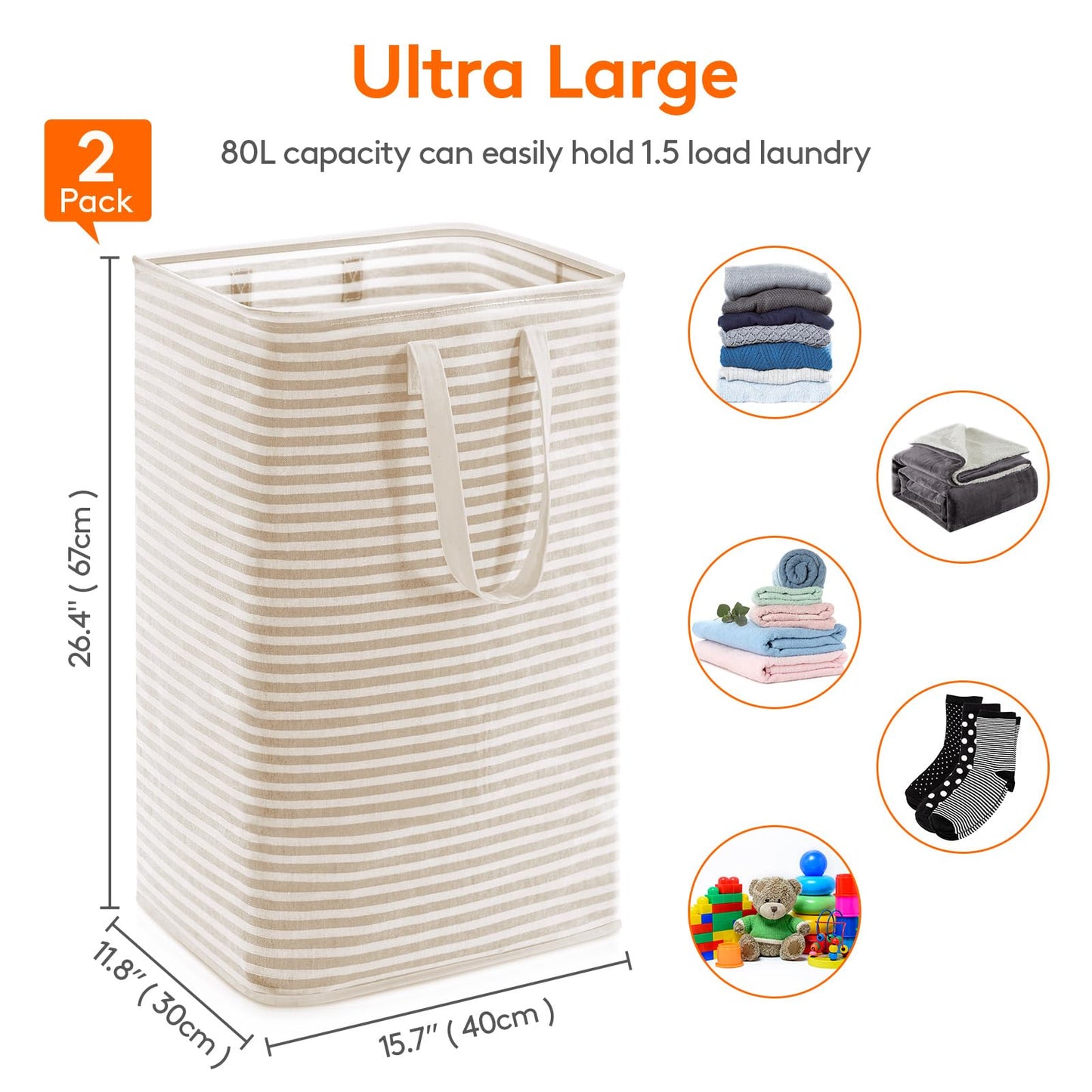 Lifewit 2-Pack 80L Freestanding Laundry Hamper, Large Collapsible Laundry Baskets with Easy Carry Extended Handles, Waterproof Clothes Hamper in Bedroom, Bathroom, Laundry Room, College Dorm, Beige