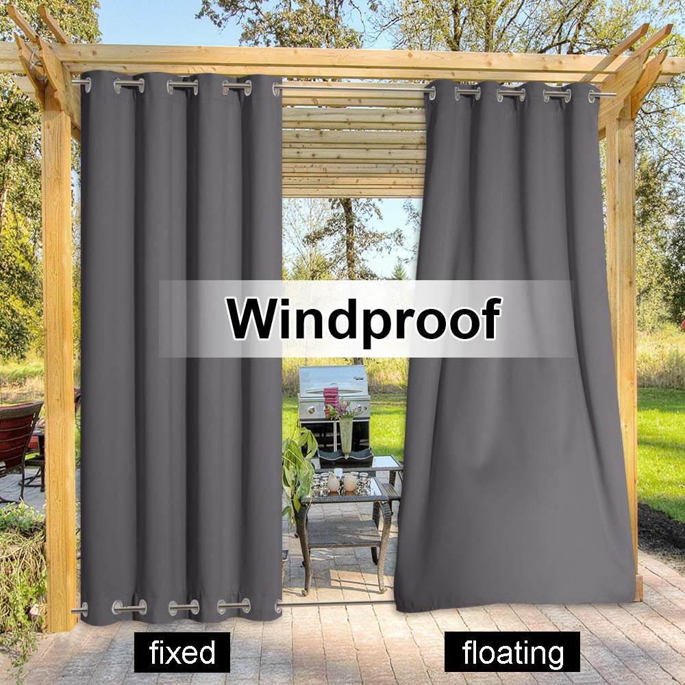 NICETOWN Grey Blackout Outdoor Curtains for Patio, Grommet Top and Bottom Rustproof Heavy Weight Windproof Drapes, Keep Privacy for Porch, 2 Panels, W52 x L84