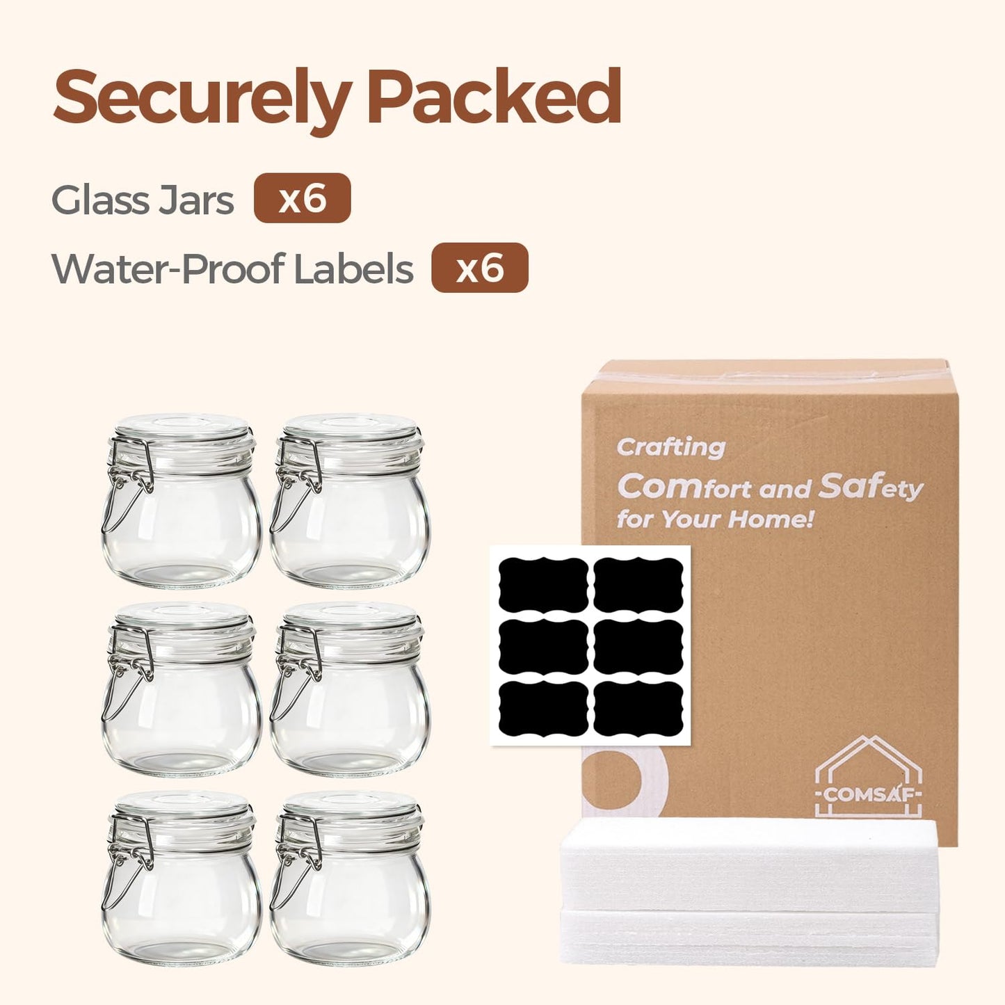 ComSaf Glass Food Storage Jar with Airtight Lid 500ML/17OZ Set of 6, Storage Canister Container Round with Clear Preserving Seal Clip Fastening for Kitchen and Pantry Organization Cereal, Coffee,