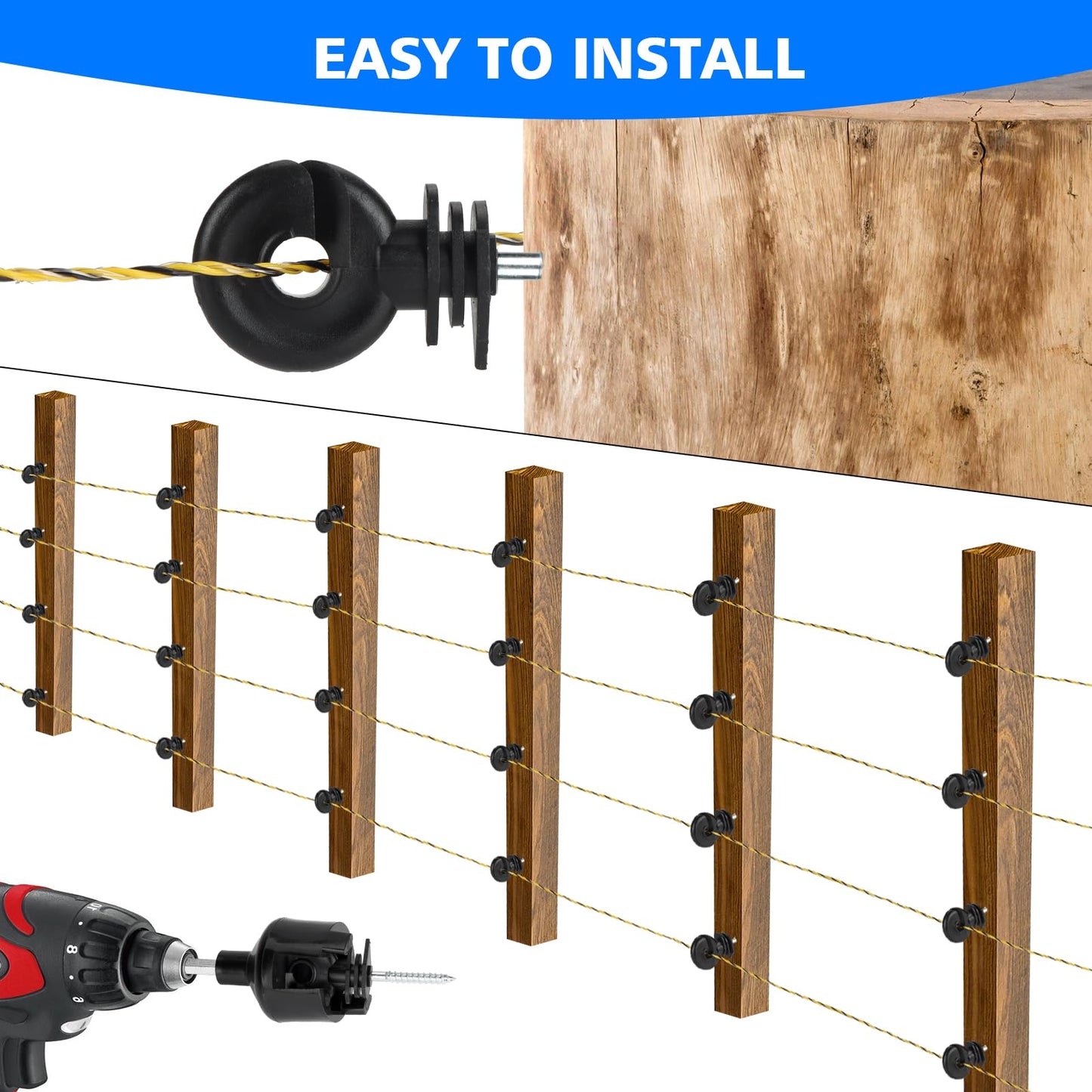 Electric Fence Wire Kit - Upgraded 660 Feet 9 Strands Electric Fence Polywire with Reliable Conductivity & Rust Resistance - 50 Pcs Electric Fence Insulator with 1 Pcs Socket Tool & Glove