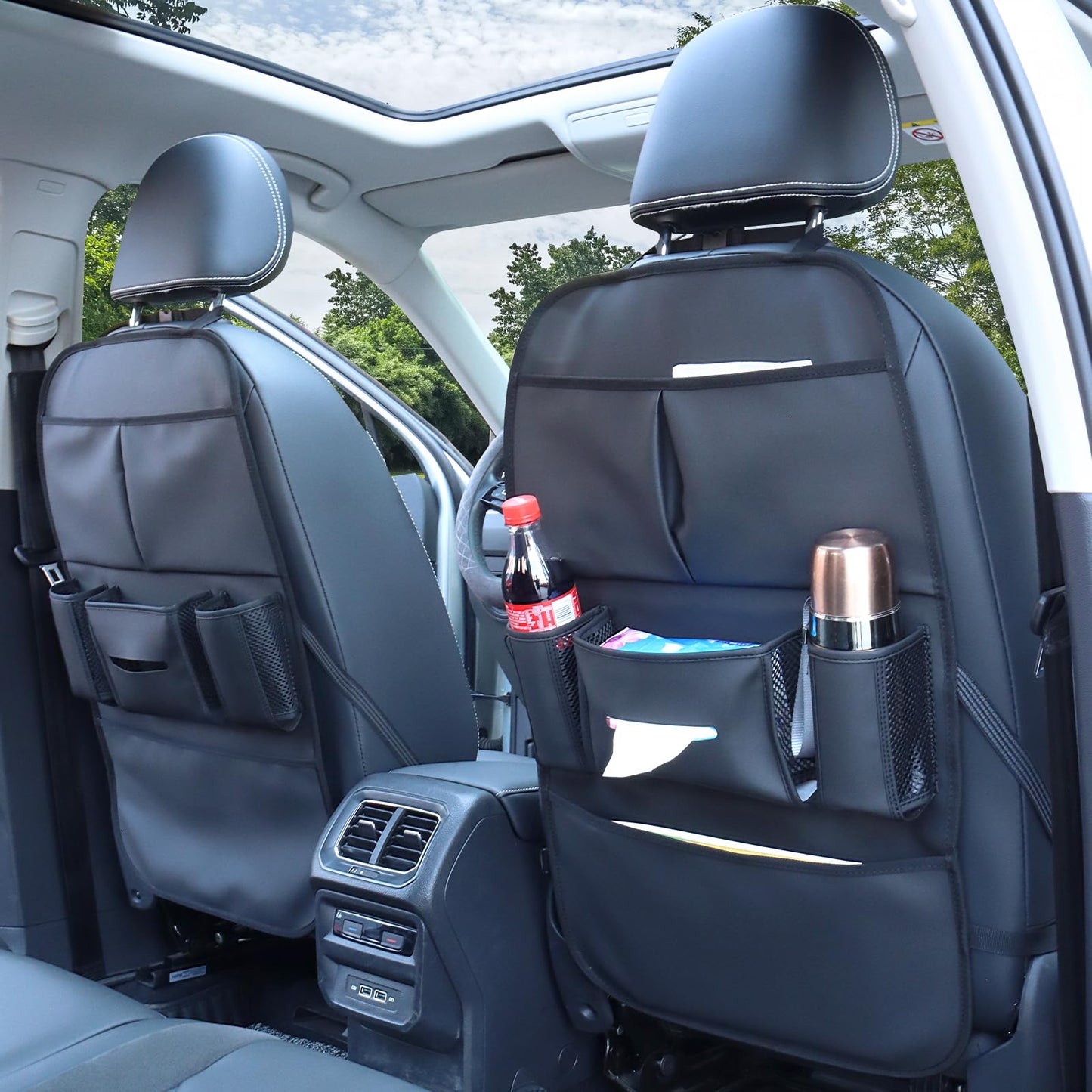 pefirst Car Backseat Organizer for Kids, Car Back Seat Storage Bag With 3 Pockets, 2 Drinks Holders, Water Resistant, Kids Toy Storage Kick Mat Back Seat Protector for Toddlers (Black 1-Pack)