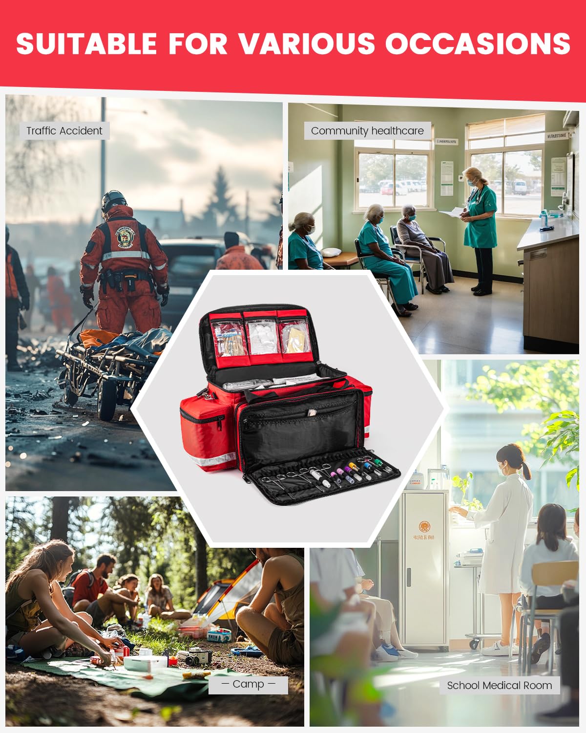 PTAHON Medical Bag - First Aid Bag Empty, EMT Bag for EMTs, Paramedics & First Responders, 25.8" Water-Resistant, 360° Reflective, 4 Dividers, 3 Removable Transparent Pouches, Padded Detachable Strap