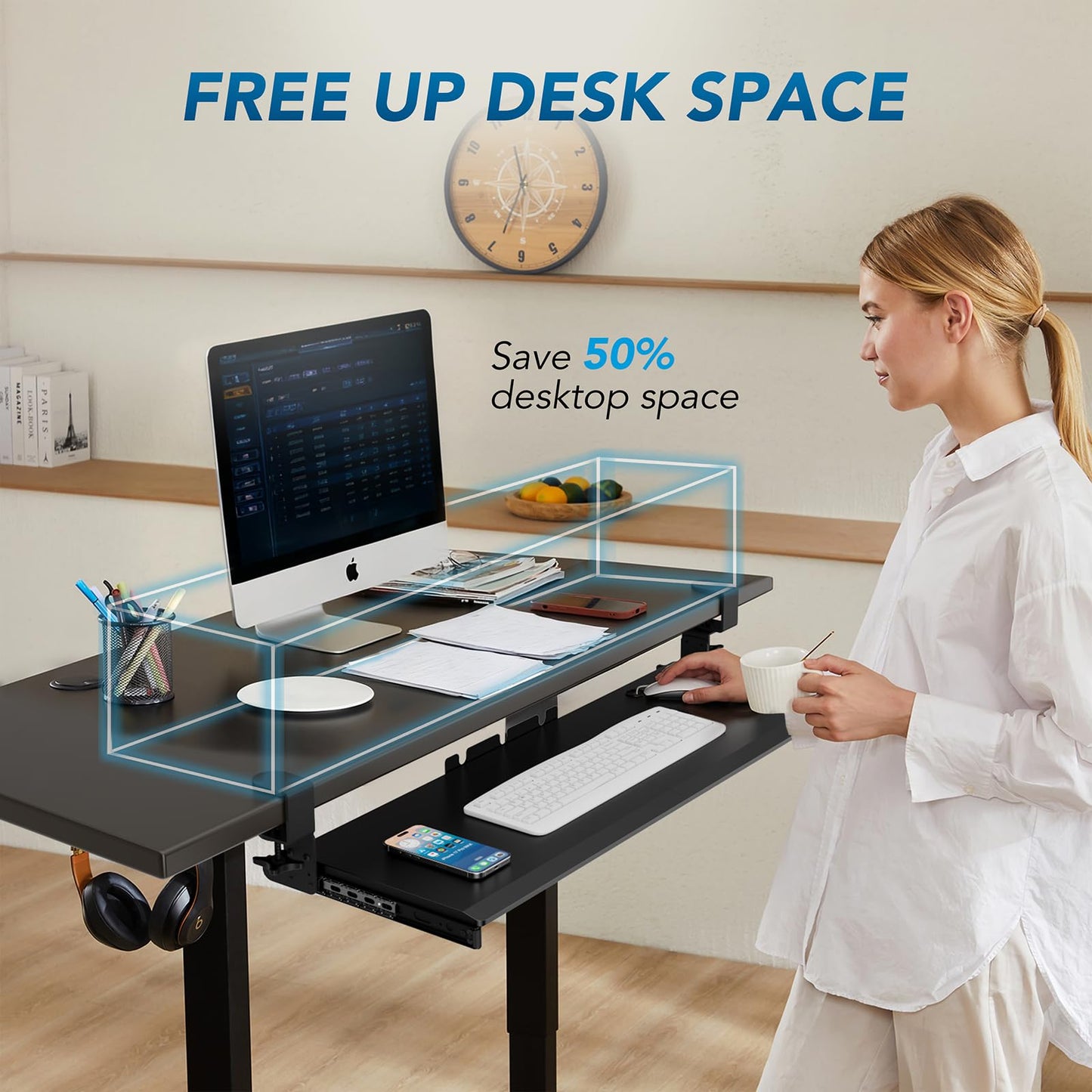AX WABER Keyboard Tray Under Desk Pull Out with Extra Sturdy Adjustable C Clamp Mount System, 27.3 (32.5 inch Including Clamps) x 11 Inch Slide-Out Platform Computer Drawer for Typing
